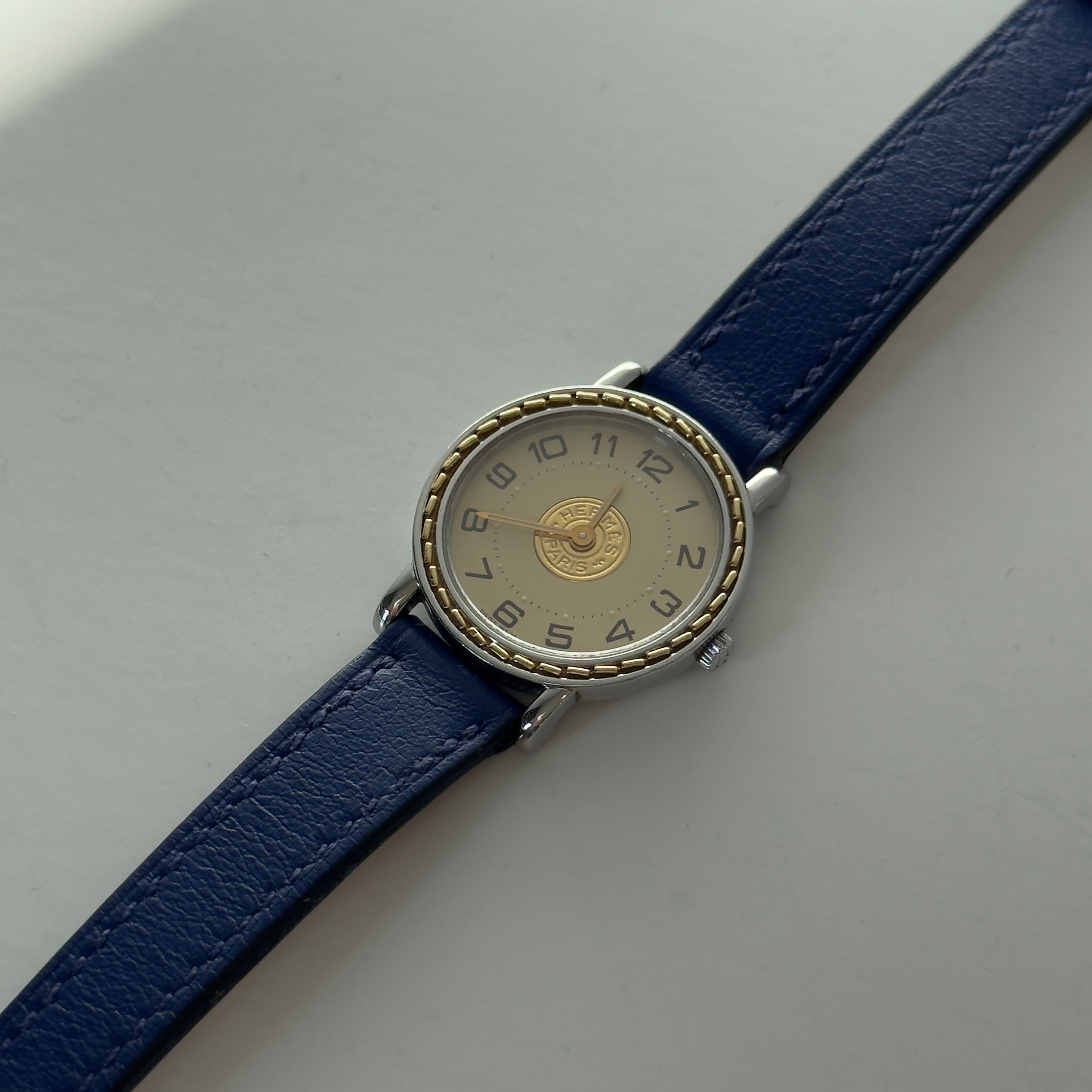 Hermes Gold Plated Sellier Watch With Blue Leather Strap - Queen May
