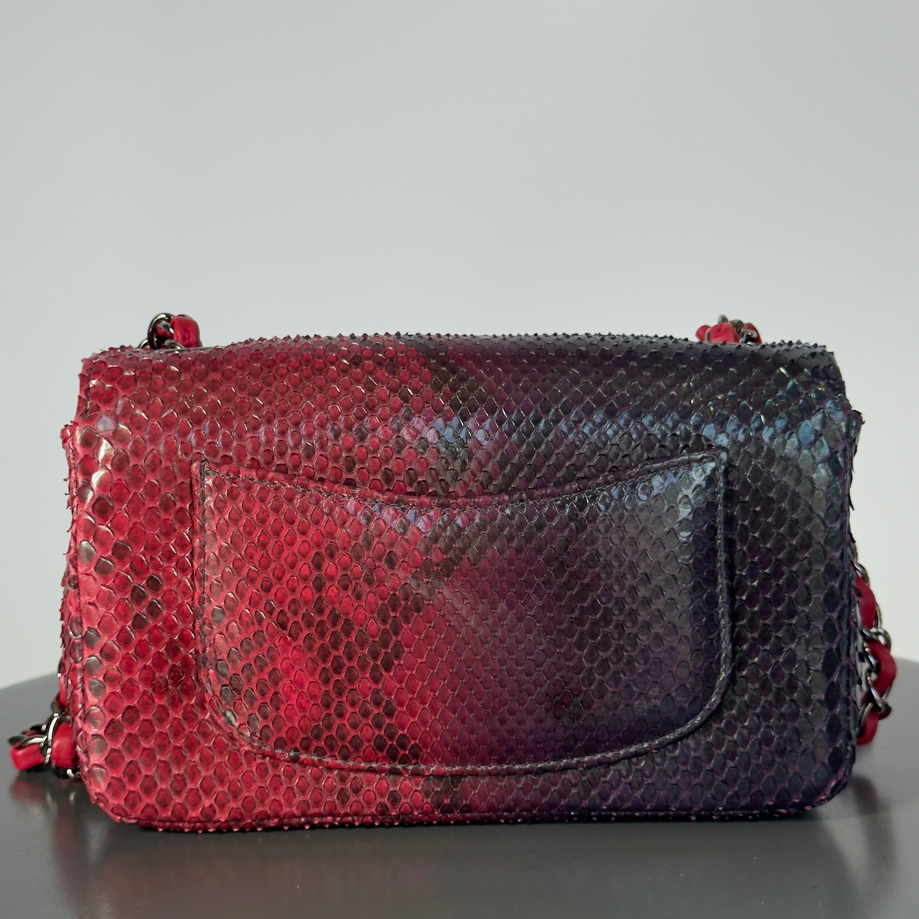 Chanel Mini Rectangular Flap Bag Red and Black Python Ruthenium Tone Hardware - Queen May