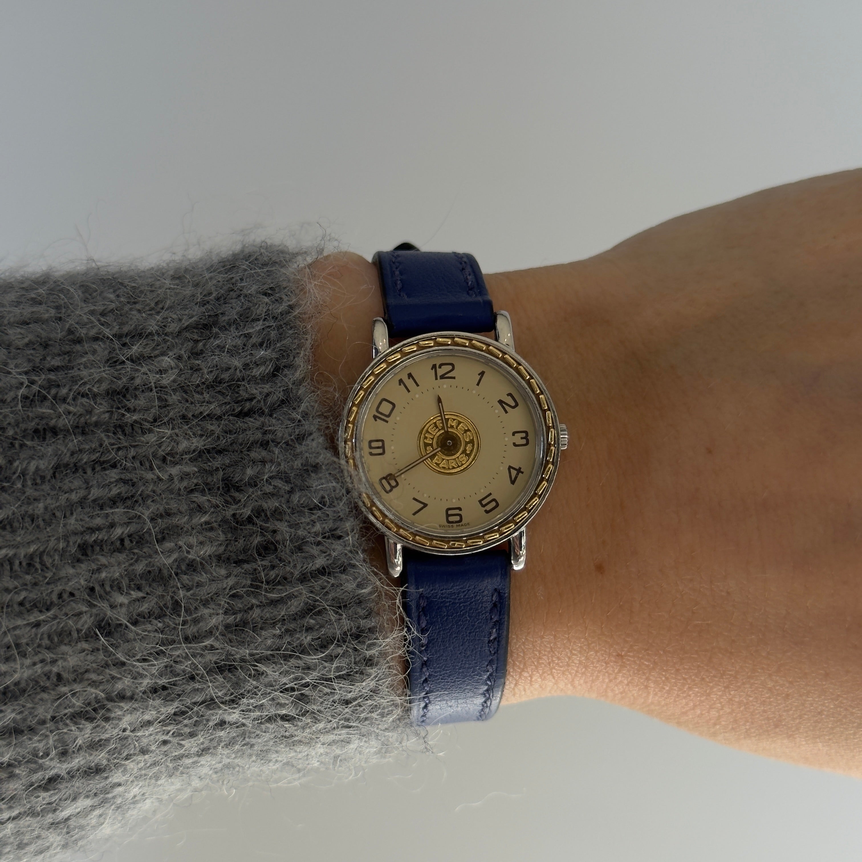 Hermes Gold Plated Sellier Watch With Blue Leather Strap - Queen May