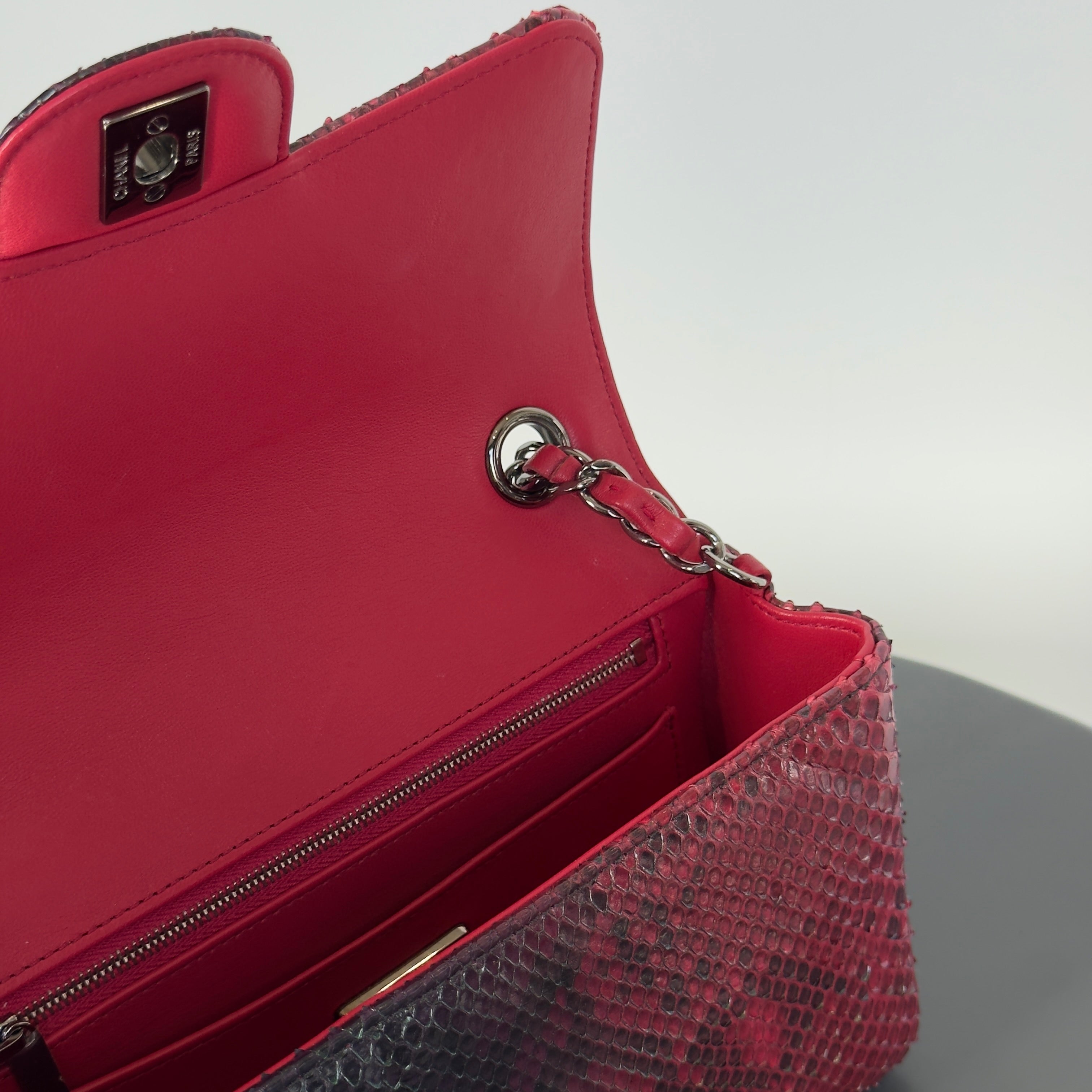 Chanel Mini Rectangular Flap Bag Red and Black Python Ruthenium Tone Hardware - Queen May