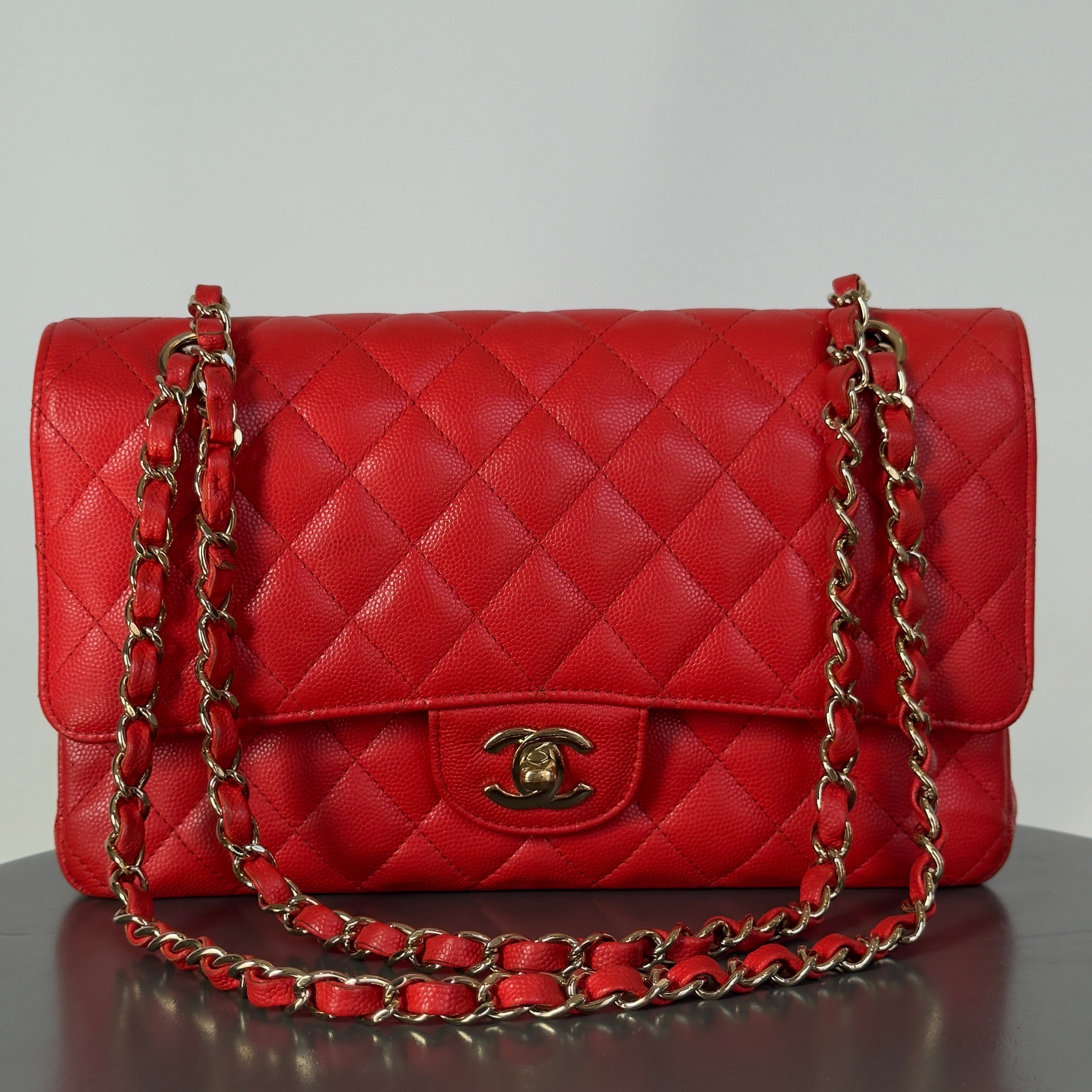 Chanel Caviar Quilted Medium Double Flap 2019 Red Orange Light Gold Hardware - Queen May