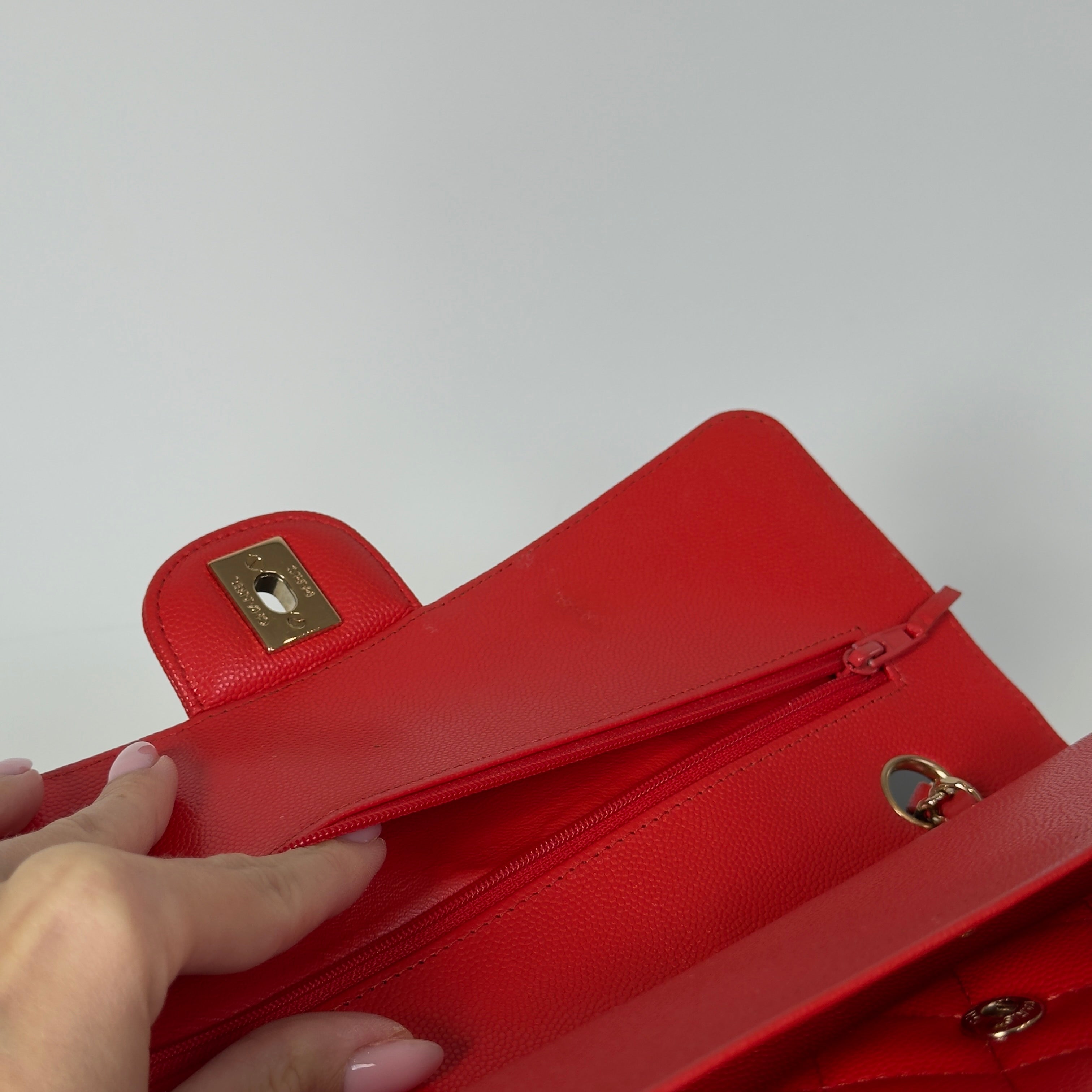 Chanel Caviar Quilted Medium Double Flap 2019 Red Orange Light Gold Hardware - Queen May