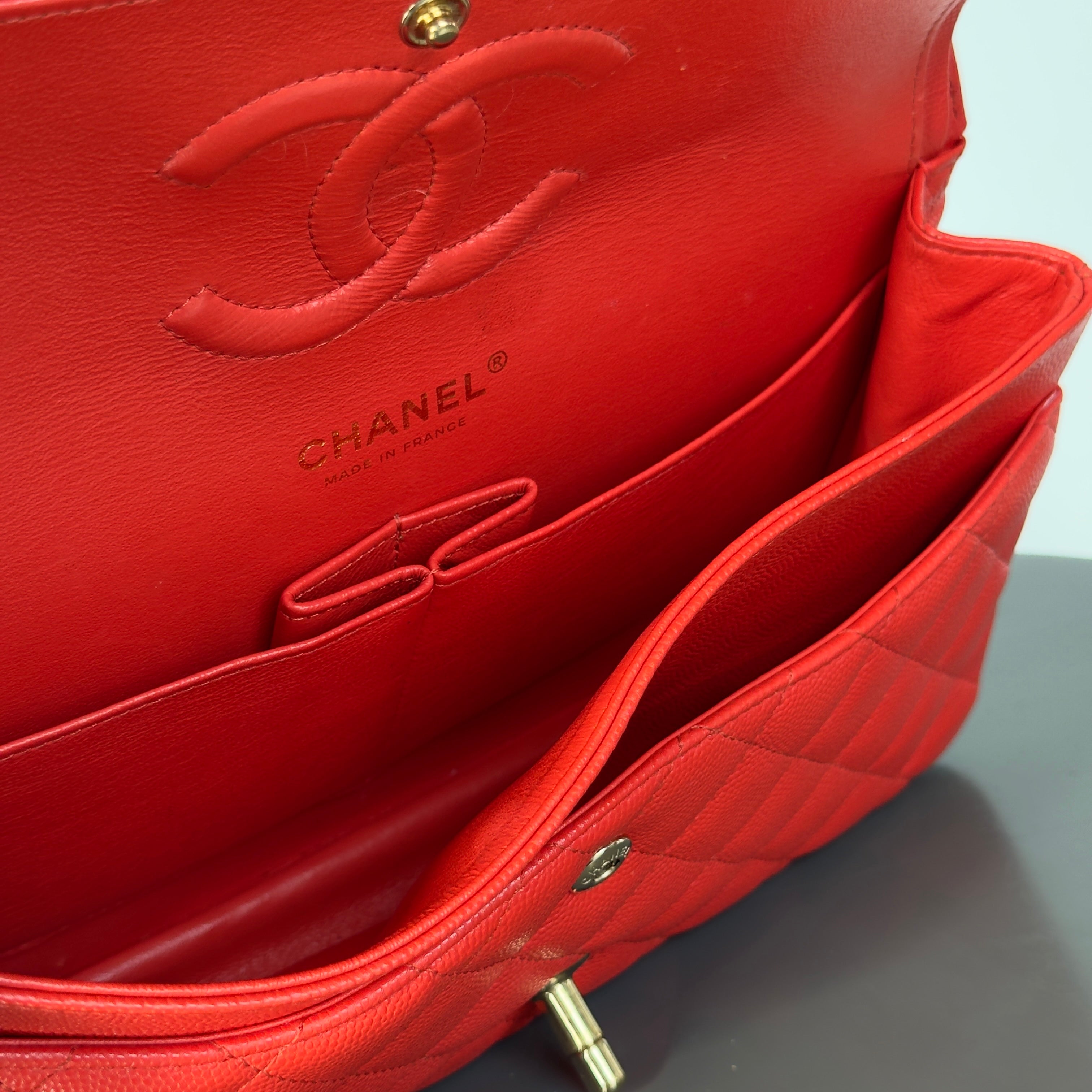 Chanel Caviar Quilted Medium Double Flap 2019 Red Orange Light Gold Hardware - Queen May