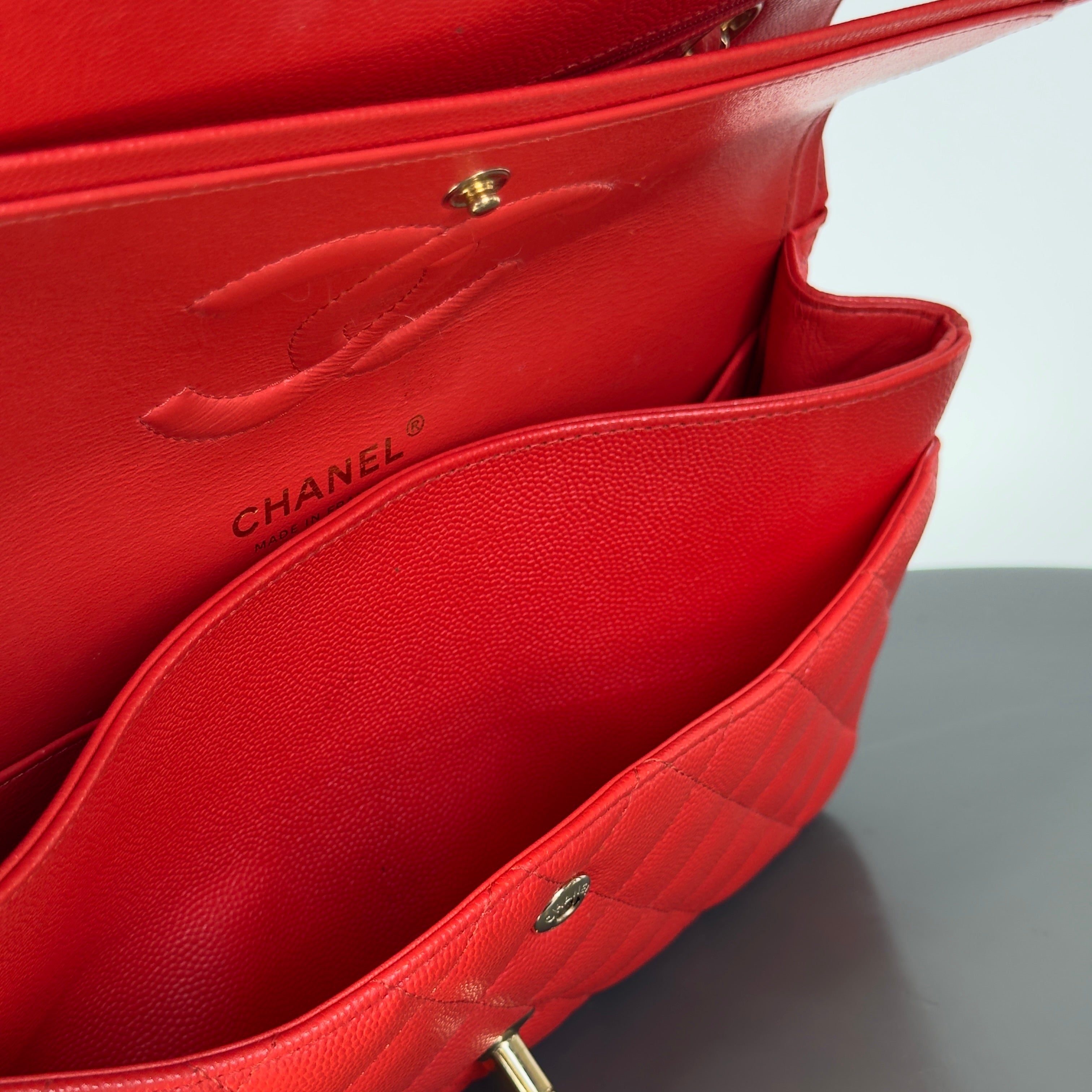 Chanel Caviar Quilted Medium Double Flap 2019 Red Orange Light Gold Hardware - Queen May