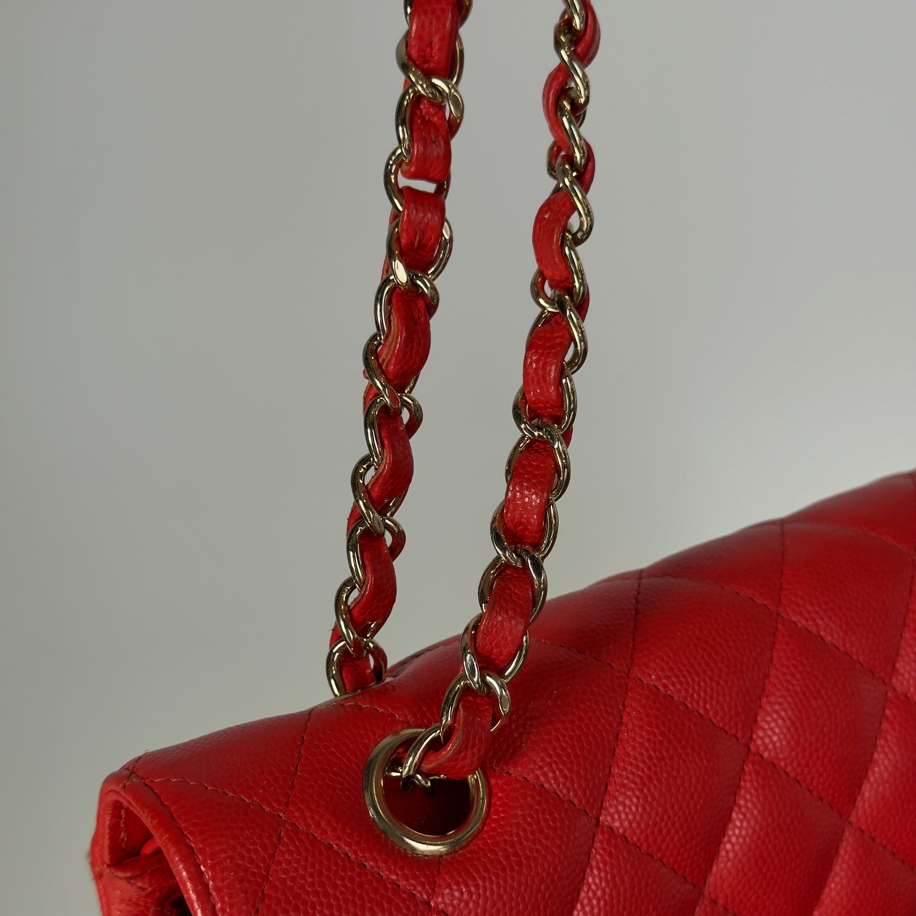 Chanel Caviar Quilted Medium Double Flap 2019 Red Orange Light Gold Hardware - Queen May