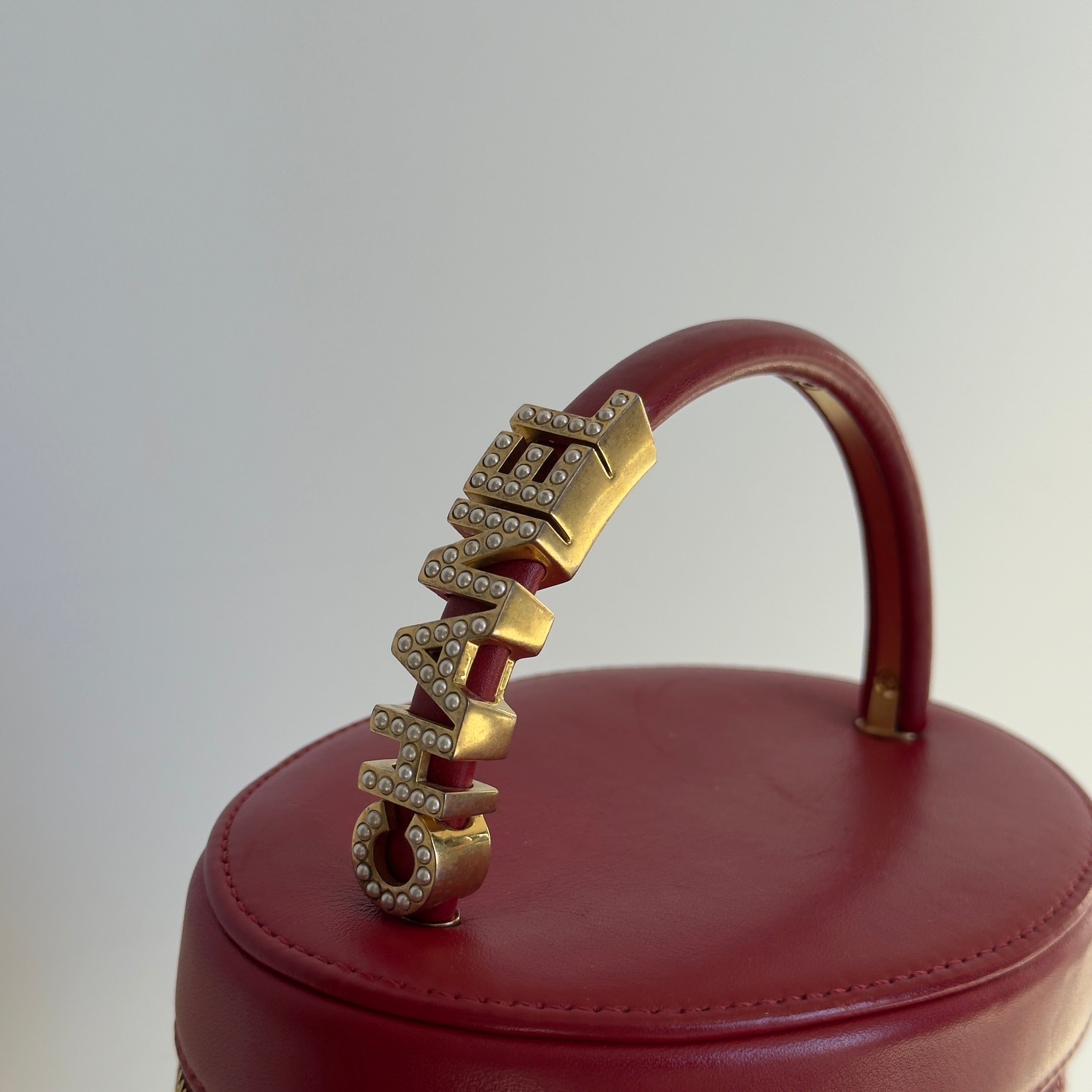 Chanel Pearl Logo Red Top Handle Vanity Case With Chain - Queen May