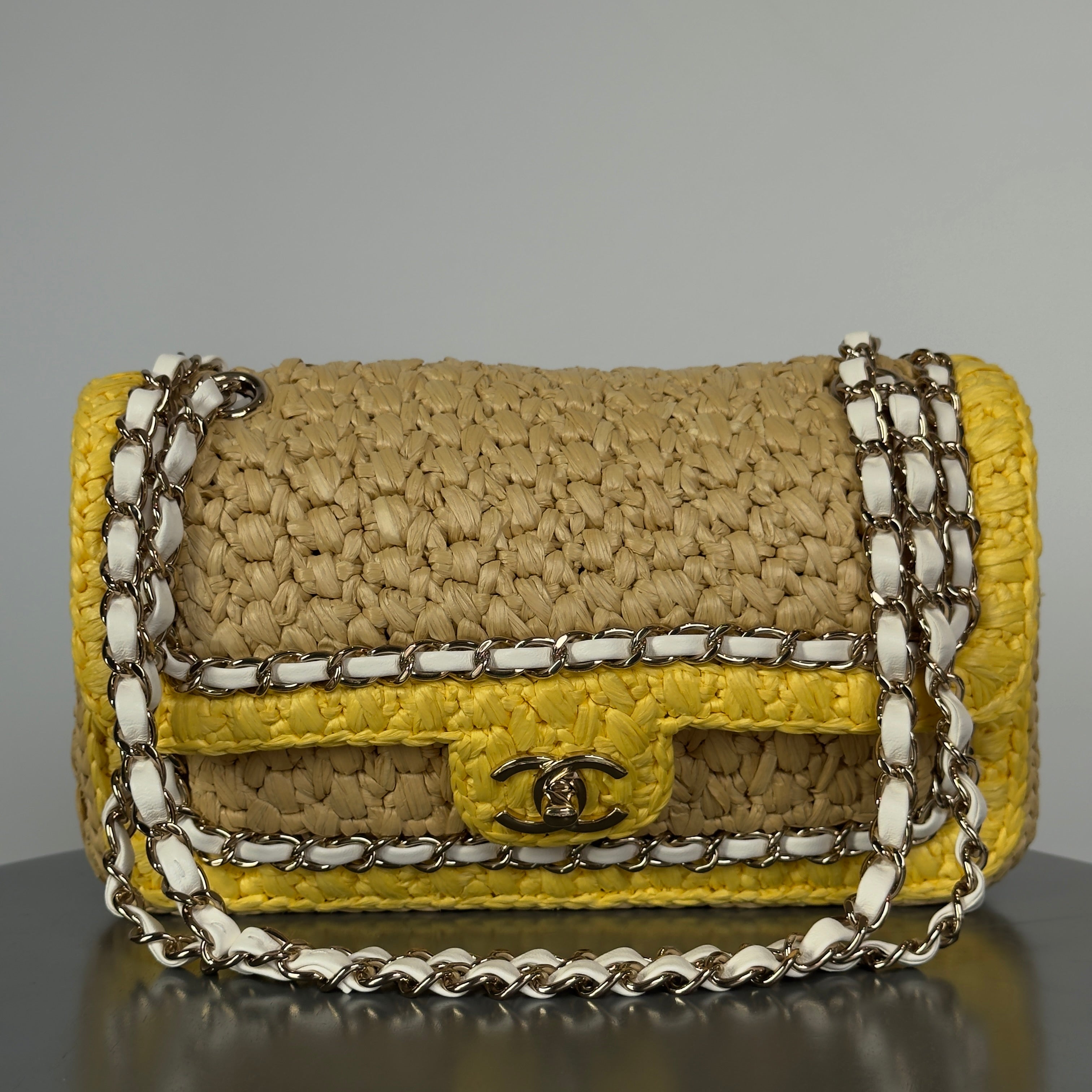 Chanel Raffia Chain Venice Beach Flap Bag Beige Yellow - Queen May