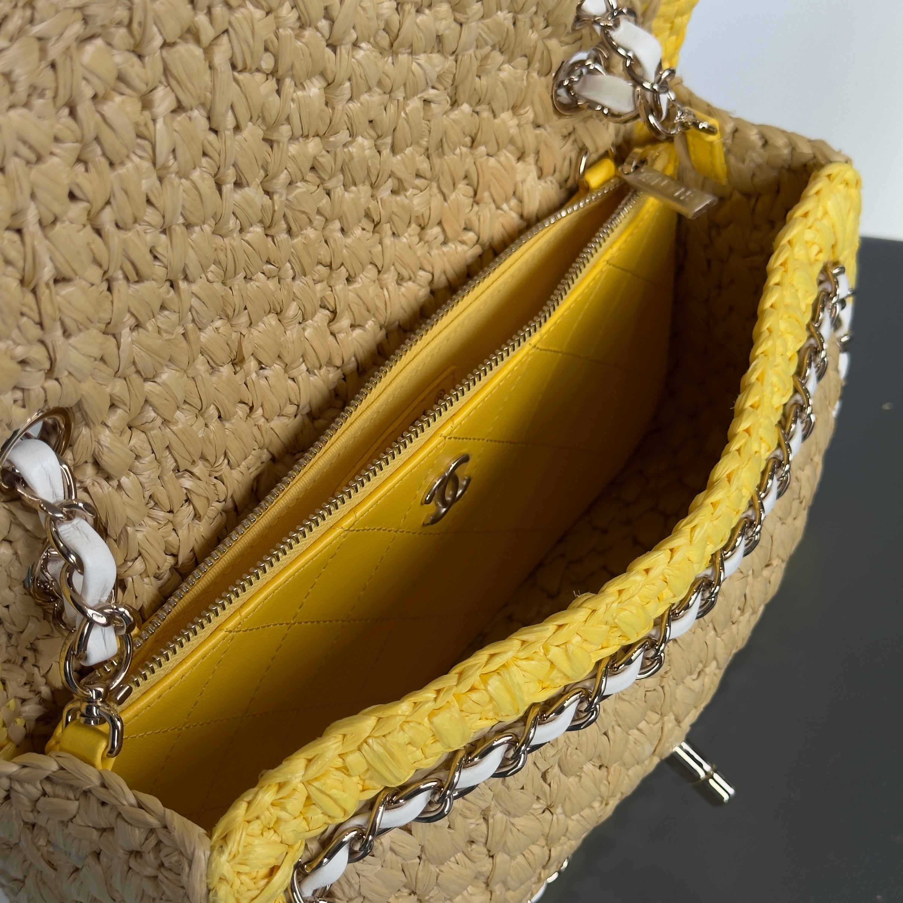 Chanel Raffia Chain Venice Beach Flap Bag Beige Yellow - Queen May