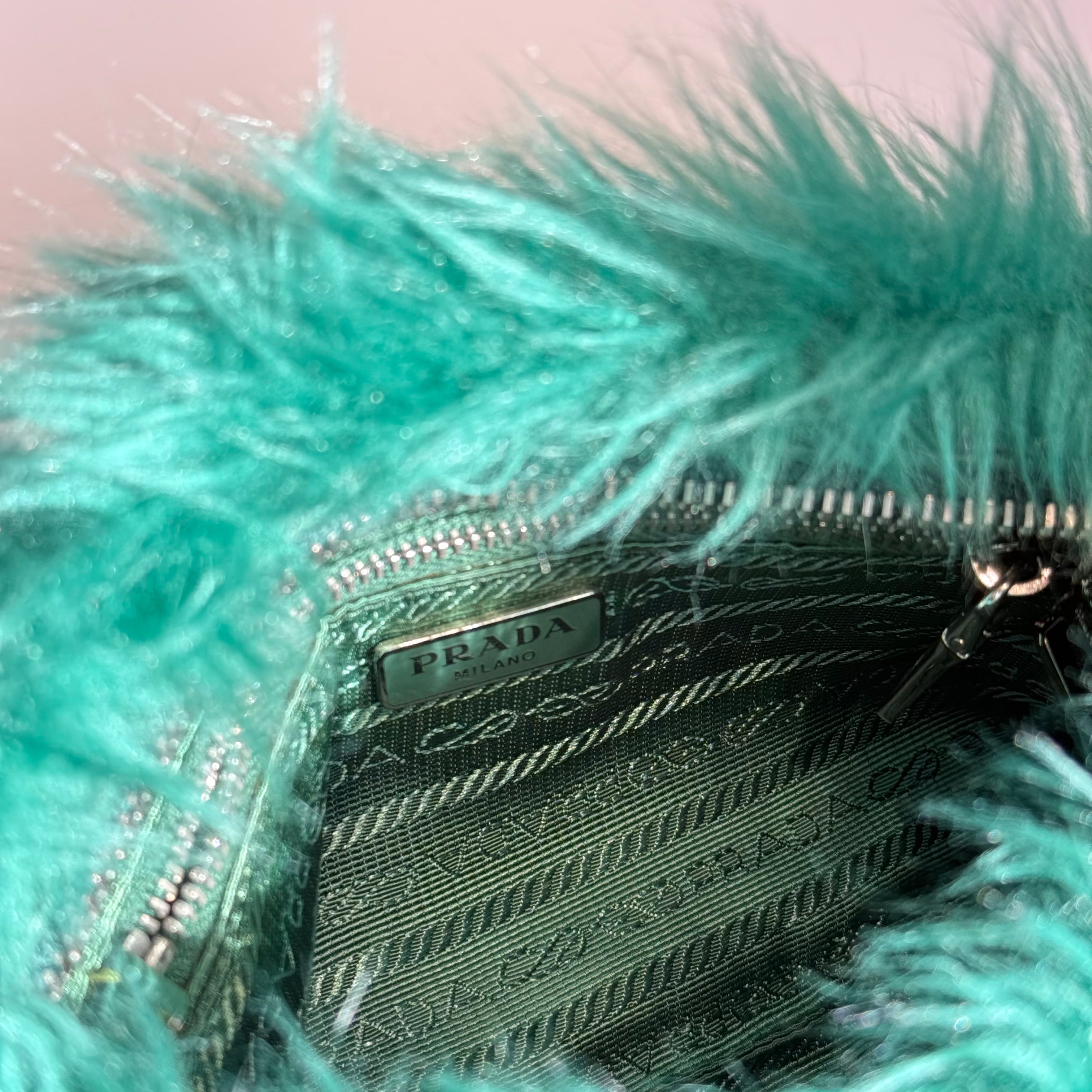 Prada Faux Fur Clutch Green - Queen May