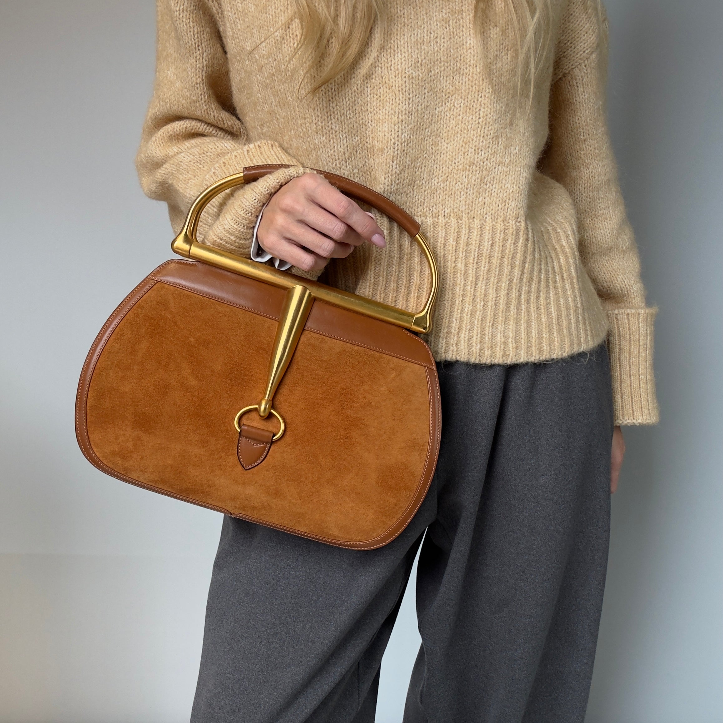 Gucci By Tom Ford 2000-2001 Snafflebit Frame Top Handle Bag Camel Suede & Smooth Tan Calf Leather - Queen May