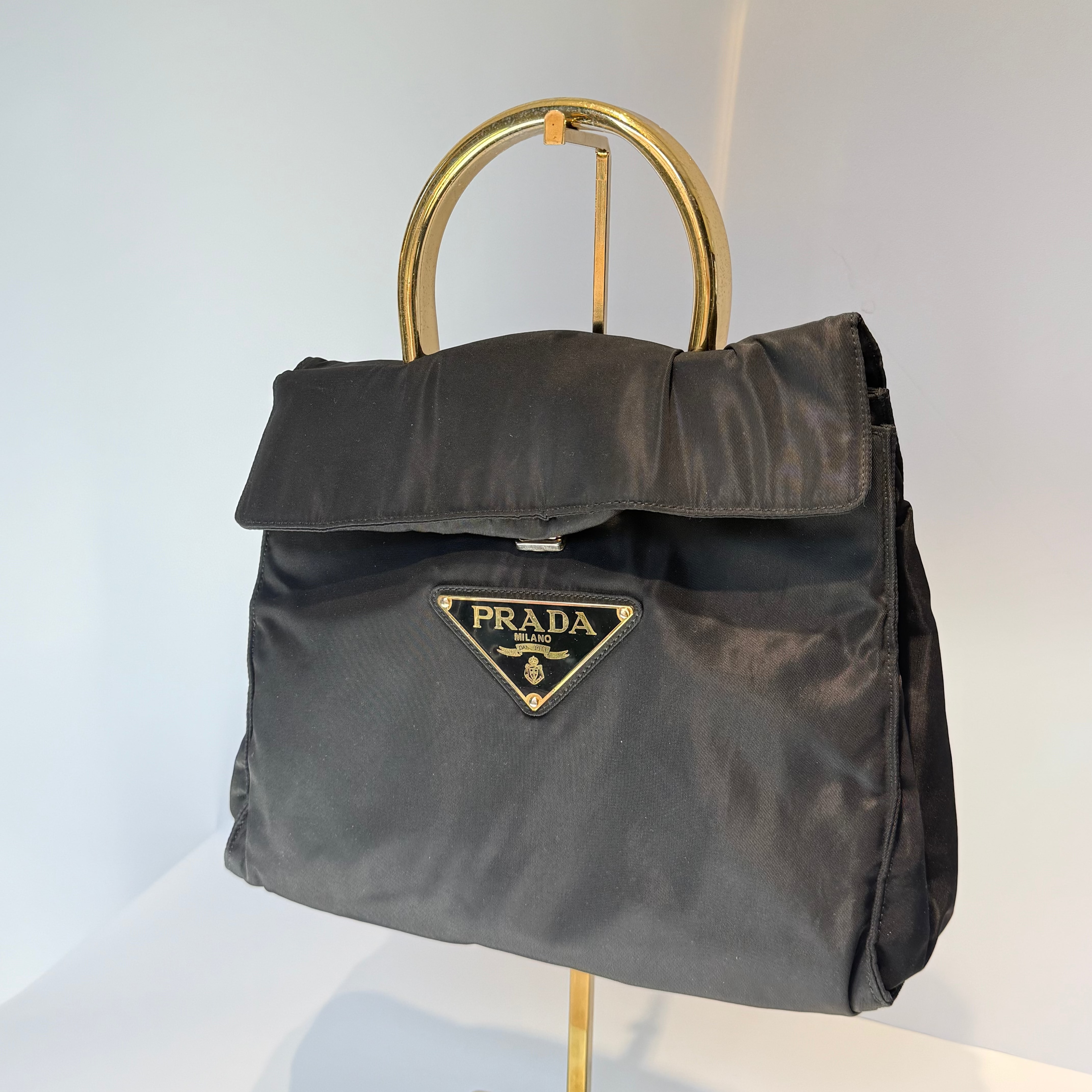 Prada Tessuto Nylon Gold Metal Handle Large Logo - Queen May