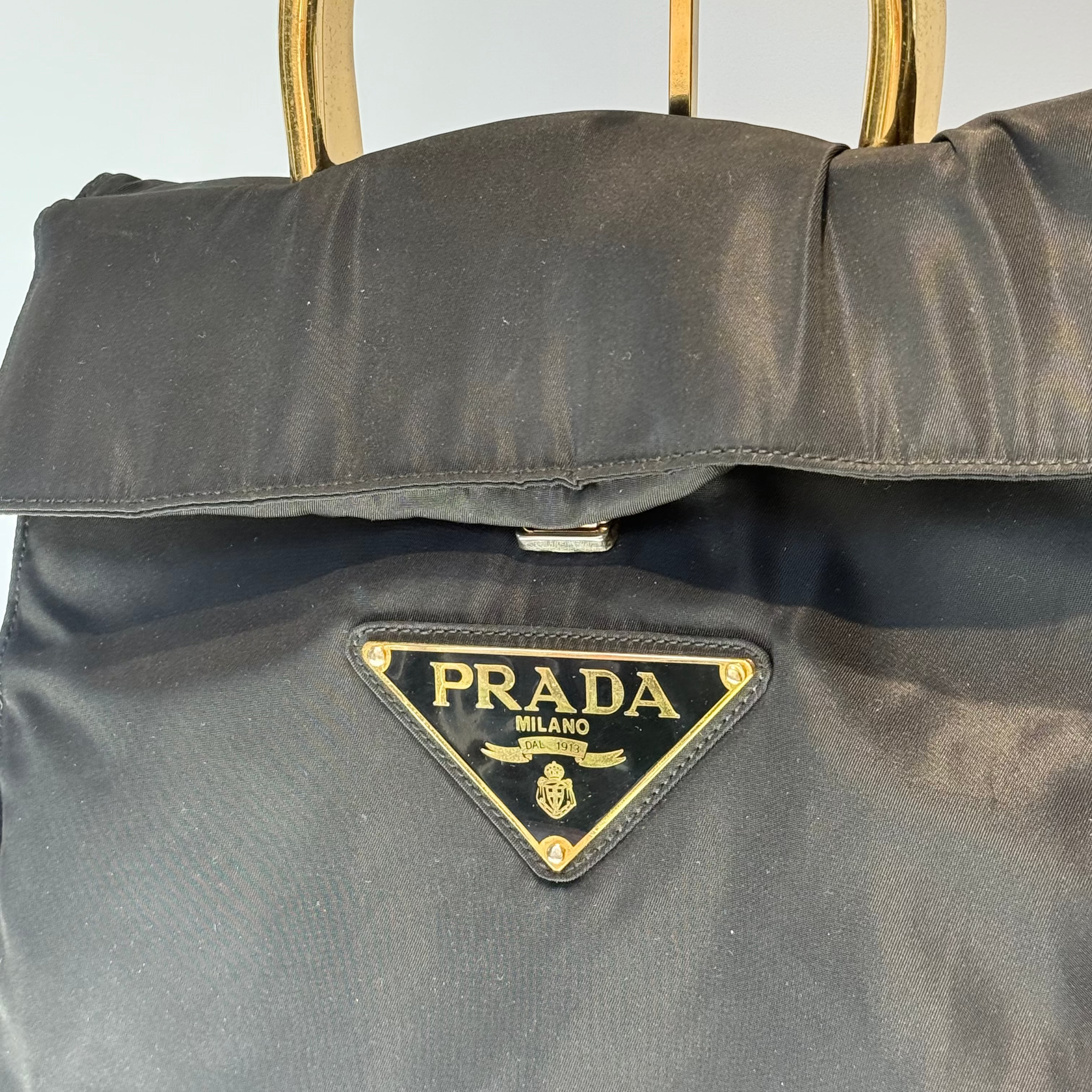 Prada Tessuto Nylon Gold Metal Handle Large Logo - Queen May