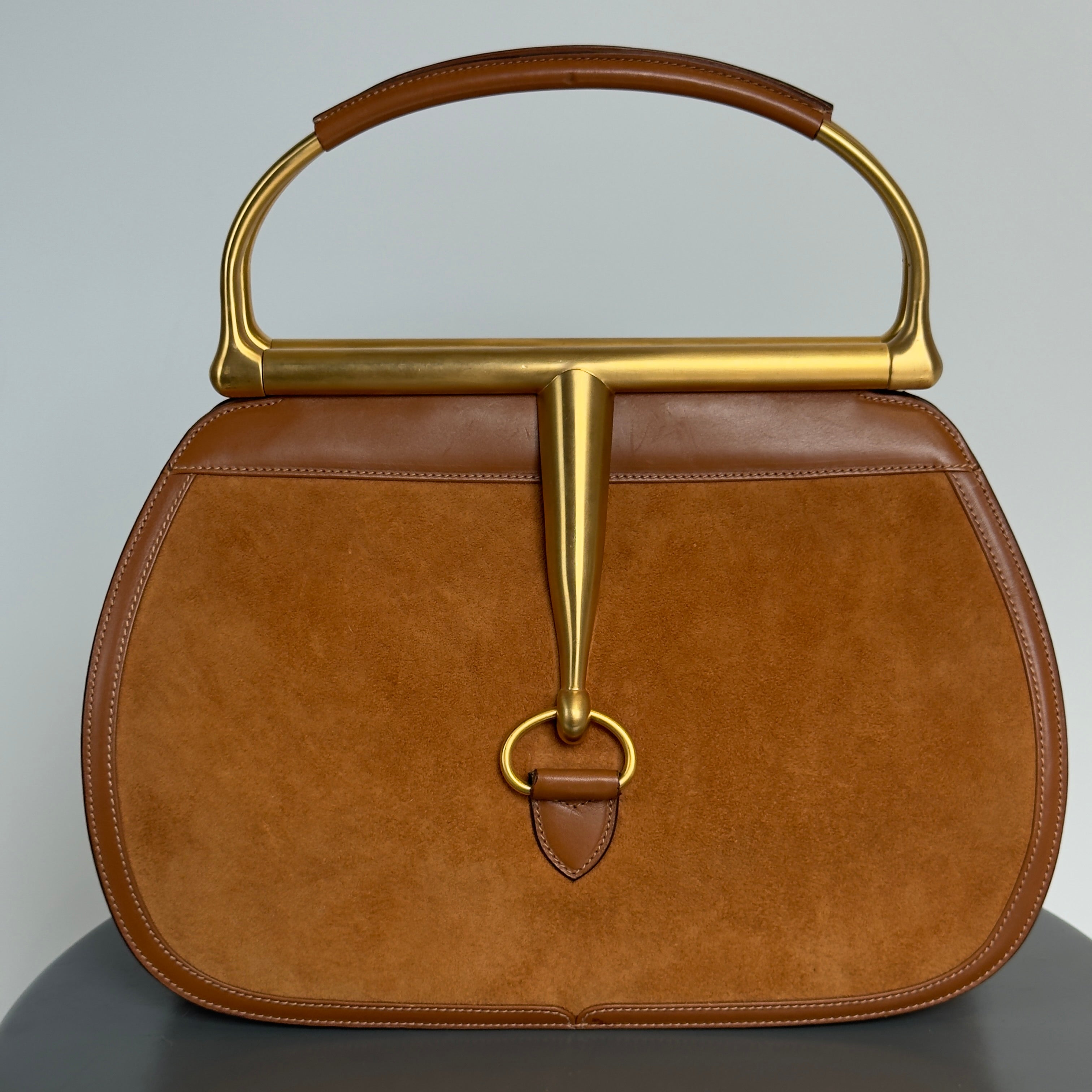 Gucci By Tom Ford 2000-2001 Snafflebit Frame Top Handle Bag Camel Suede & Smooth Tan Calf Leather - Queen May