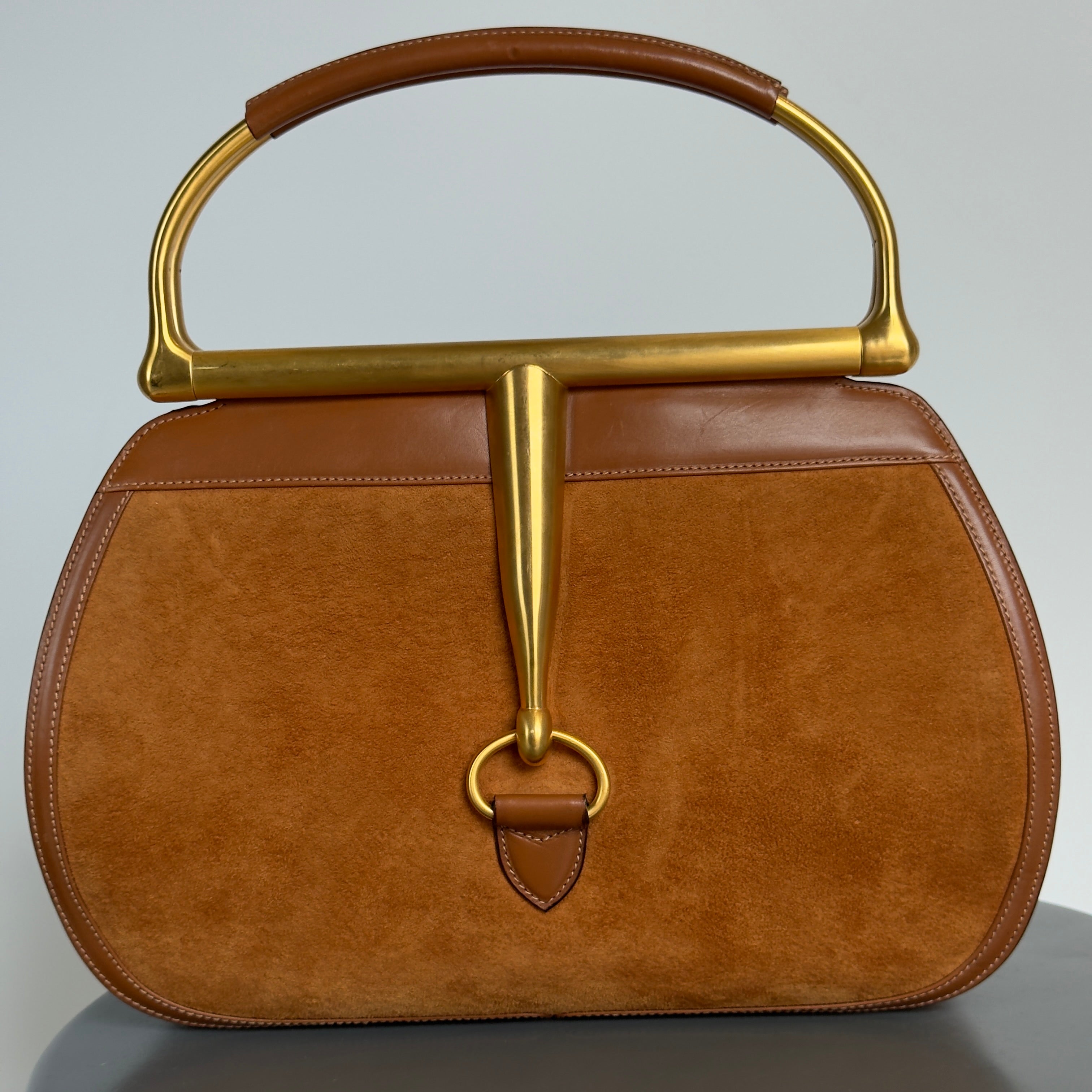 Gucci By Tom Ford 2000-2001 Snafflebit Frame Top Handle Bag Camel Suede & Smooth Tan Calf Leather - Queen May