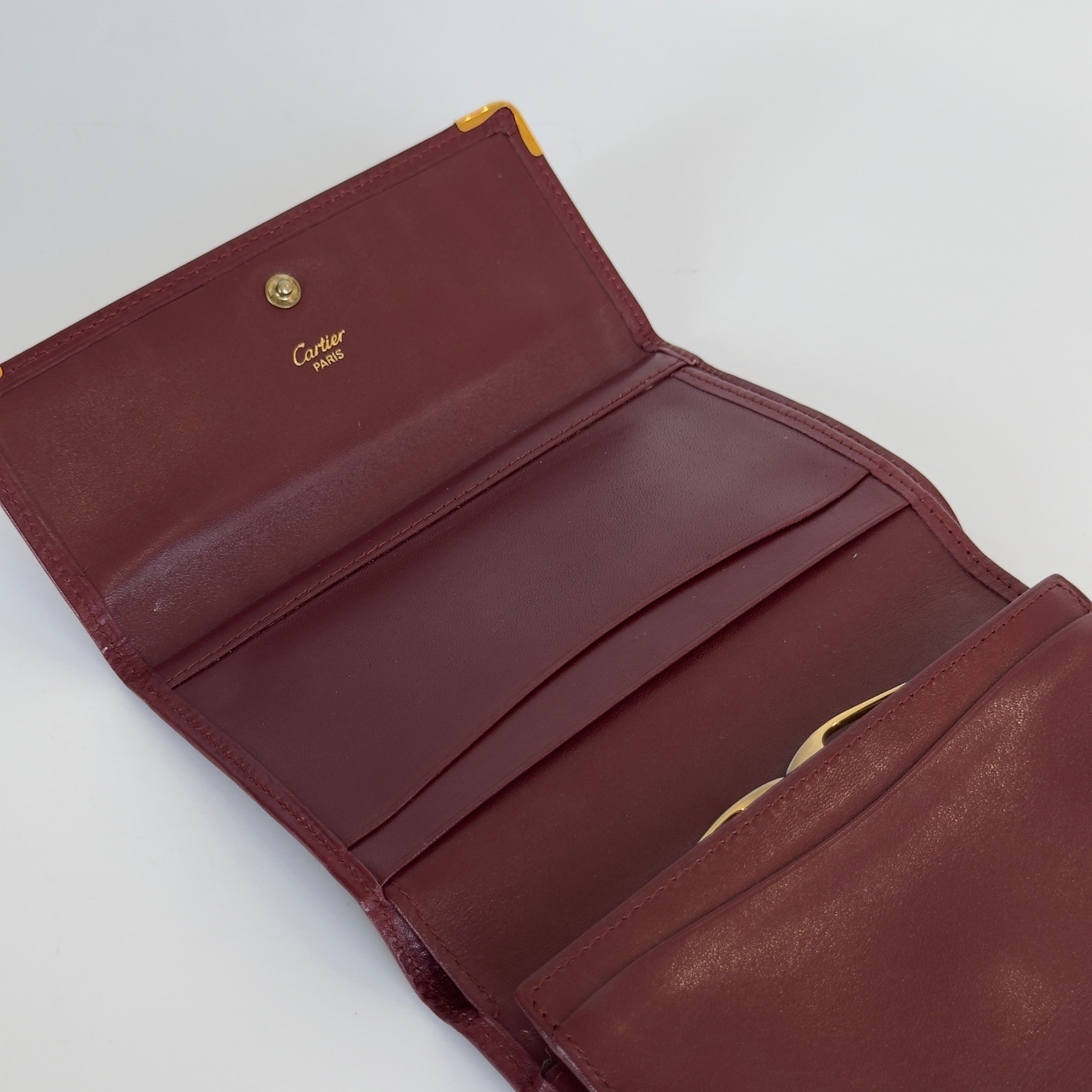 Cartier Paris Logo Kiss Lock Burgundy Tri Fold Wallet - Queen May
