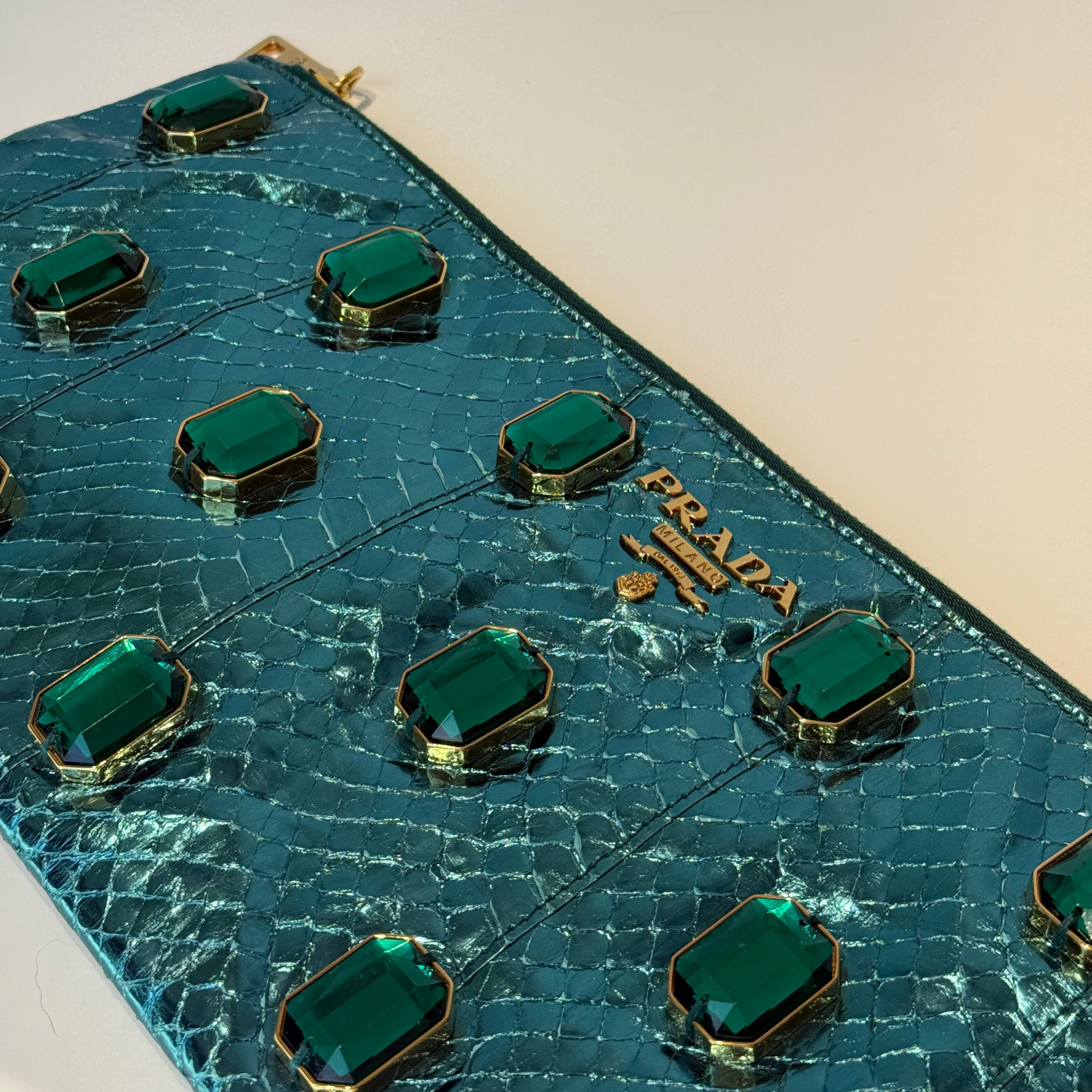 Prada Metallic Blue Watersnake Crystal Clutch - Queen May