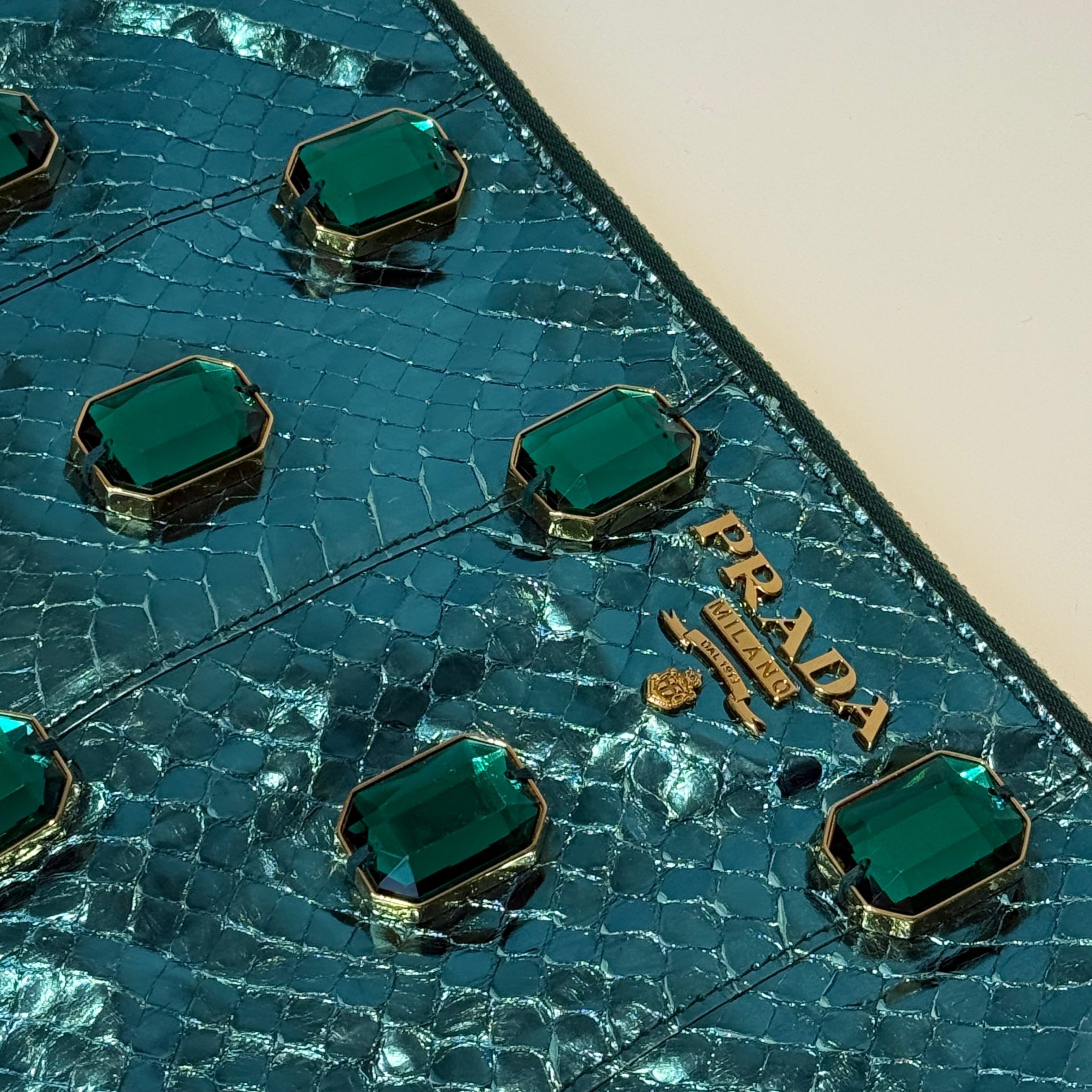 Prada Metallic Blue Watersnake Crystal Clutch - Queen May