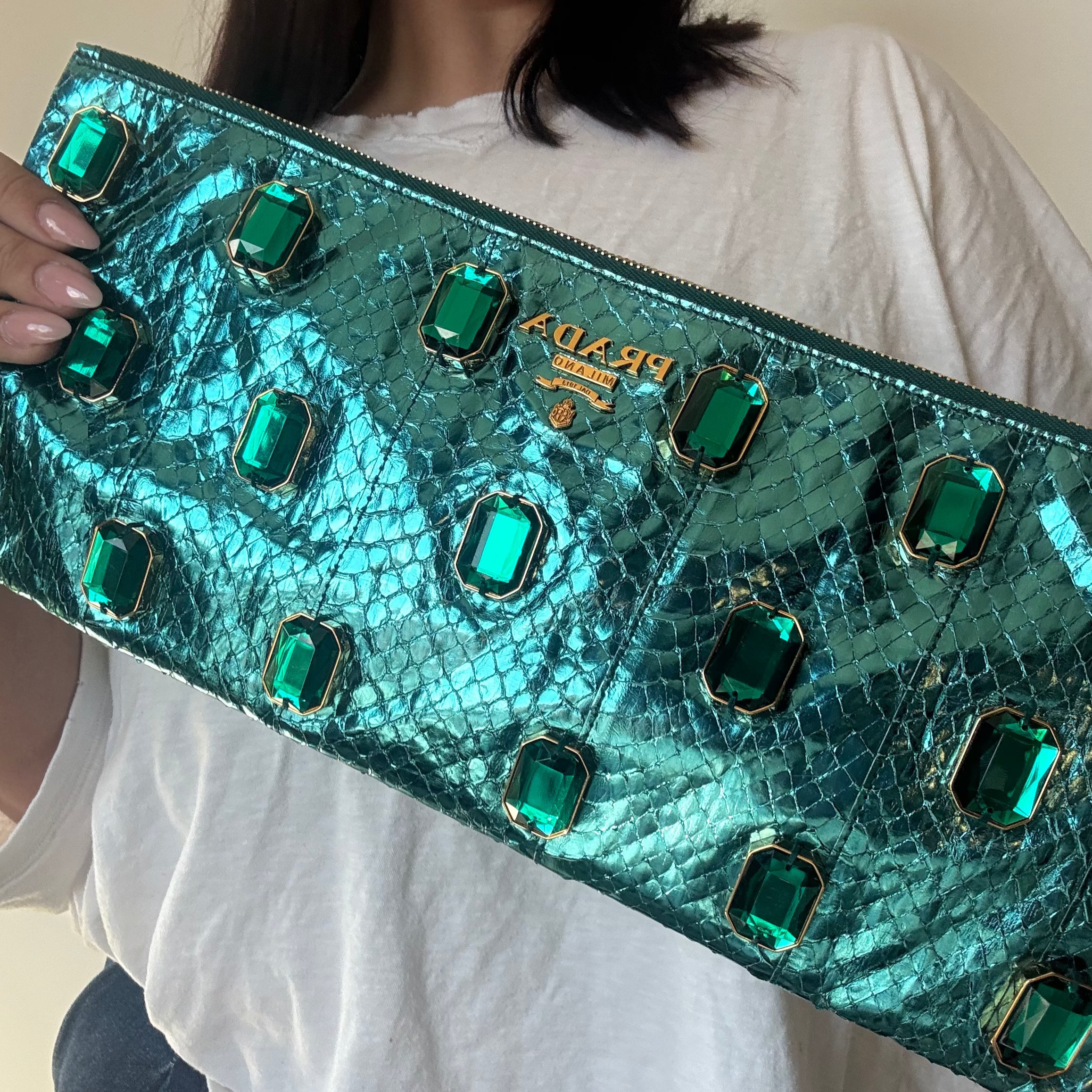 Prada Metallic Blue Watersnake Crystal Clutch - Queen May