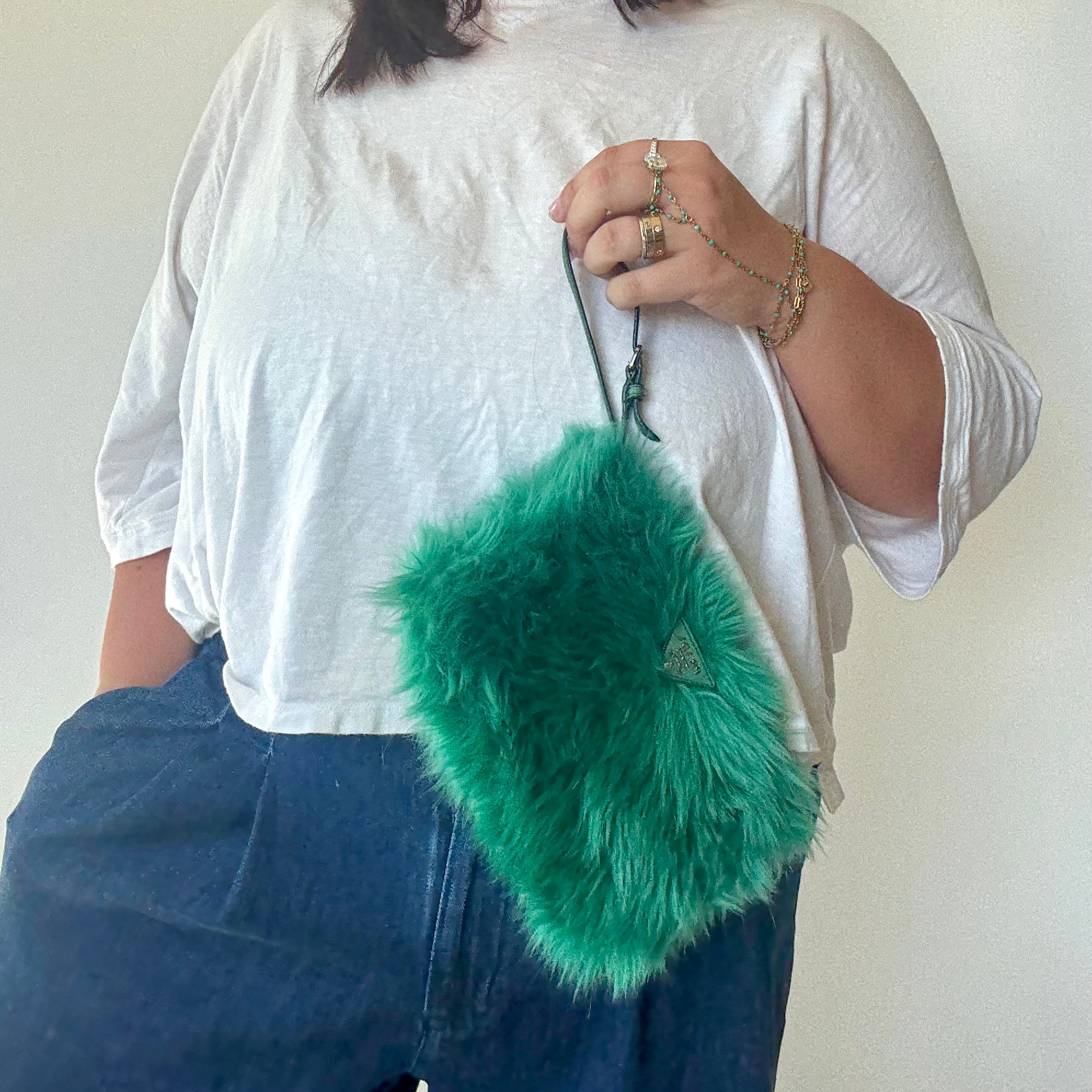 Prada Faux Fur Clutch Green - Queen May
