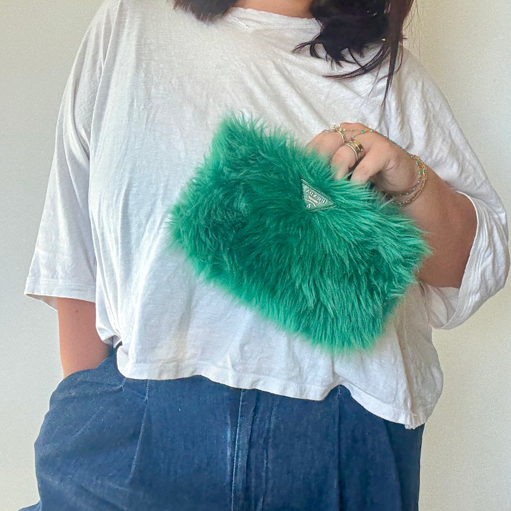 Prada Faux Fur Clutch Green - Queen May
