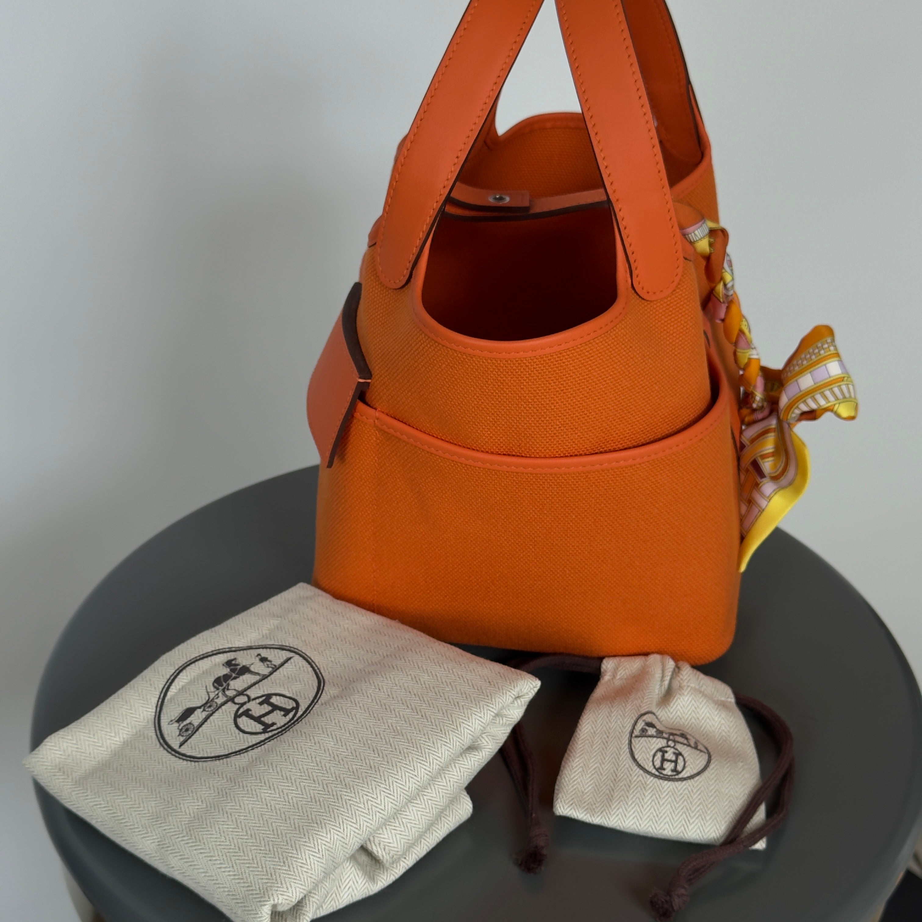 Hermes Orange Swift + Toile Goeland Cargo Picotin Lock 18 Palladium Hardware With Twilly - Queen May