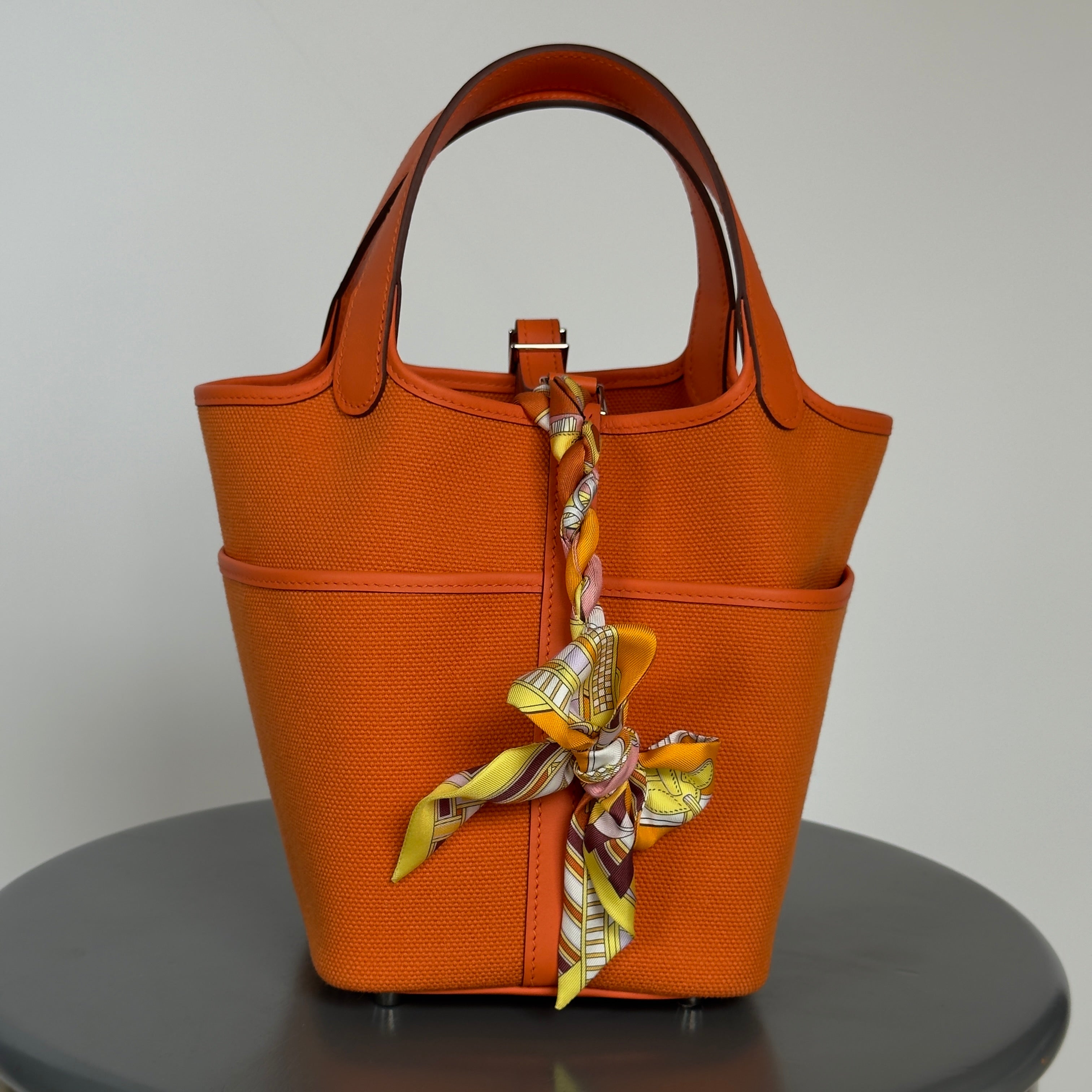 Hermes Orange Swift + Toile Goeland Cargo Picotin Lock 18 Palladium Hardware With Twilly - Queen May