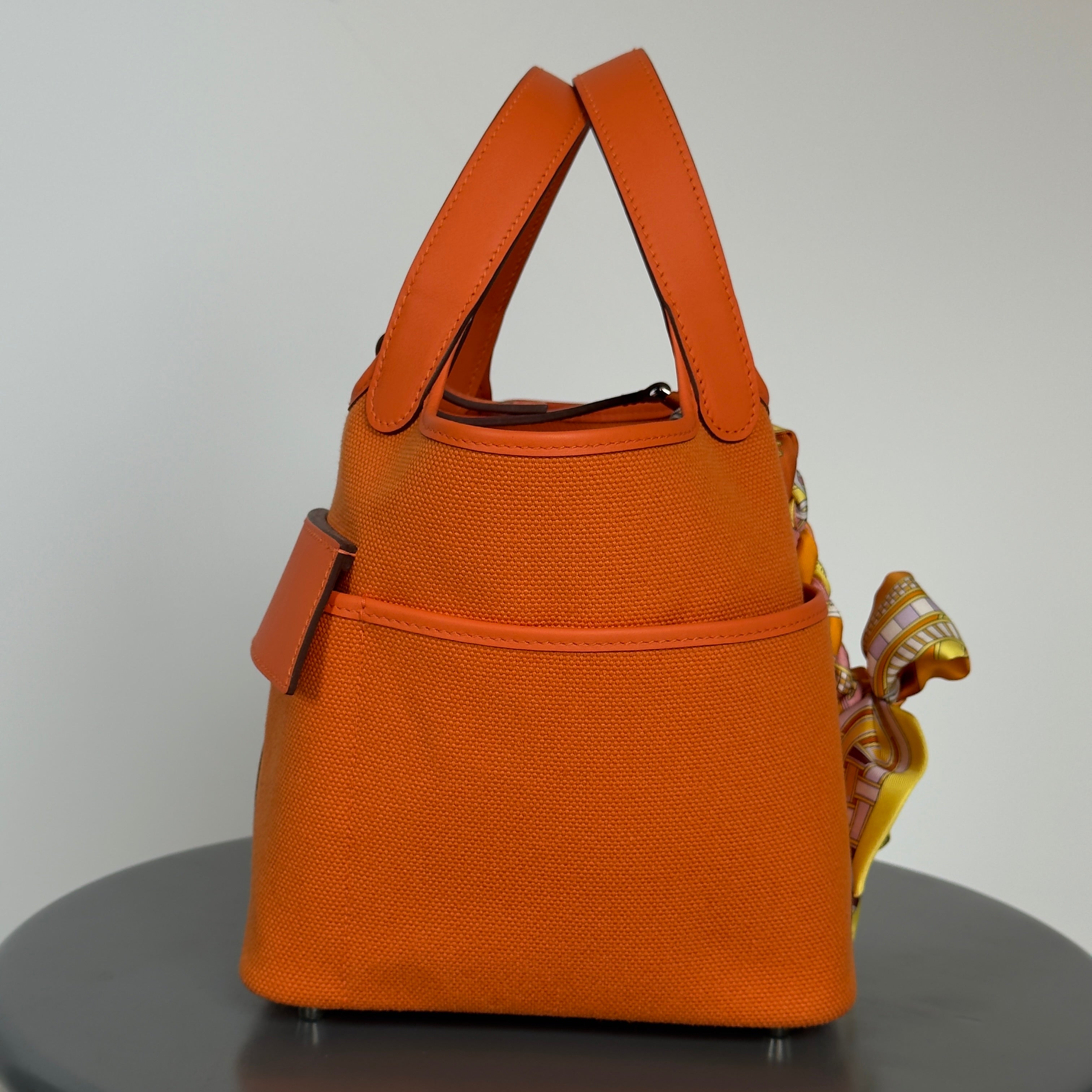 Hermes Orange Swift + Toile Goeland Cargo Picotin Lock 18 Palladium Hardware With Twilly - Queen May
