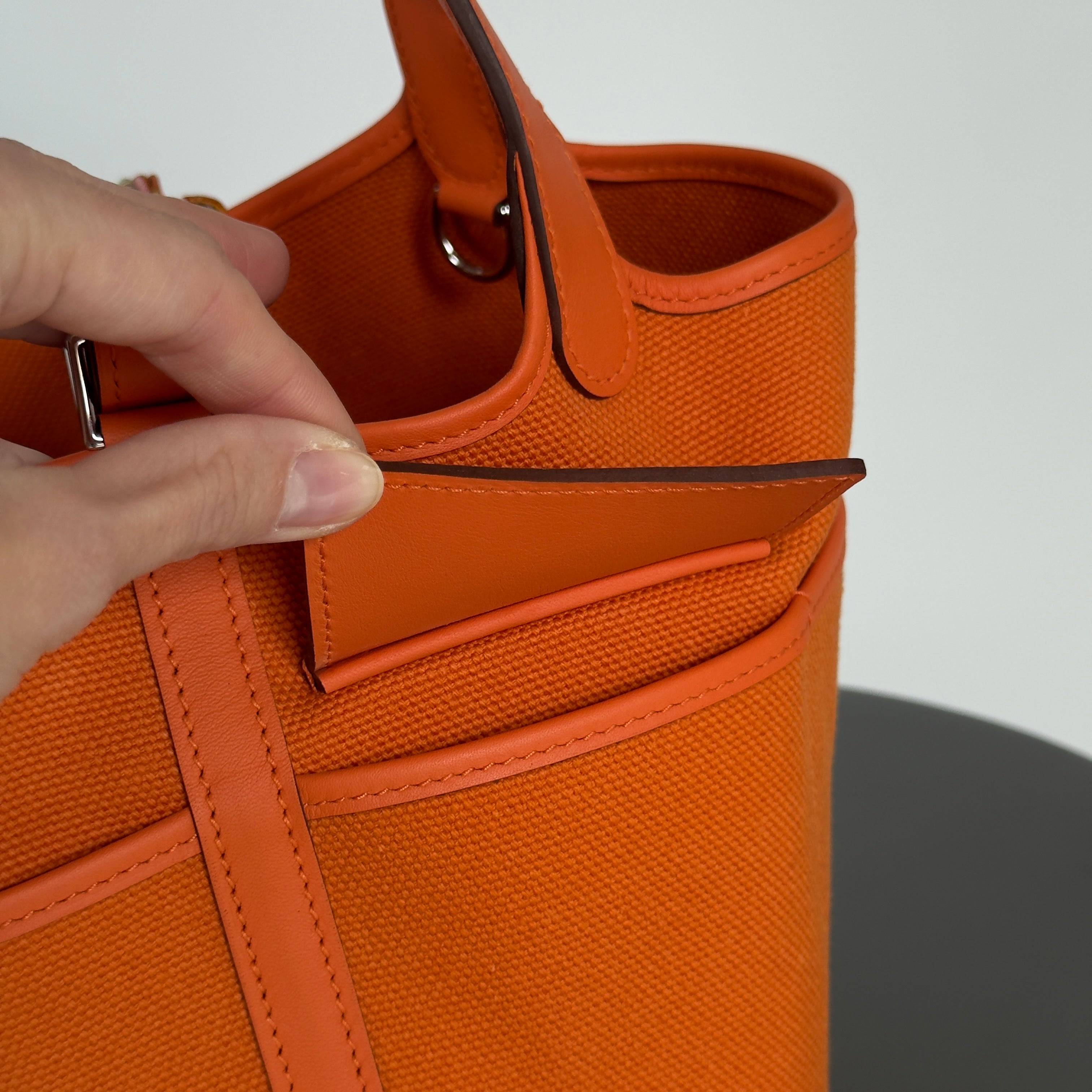 Hermes Orange Swift + Toile Goeland Cargo Picotin Lock 18 Palladium Hardware With Twilly - Queen May