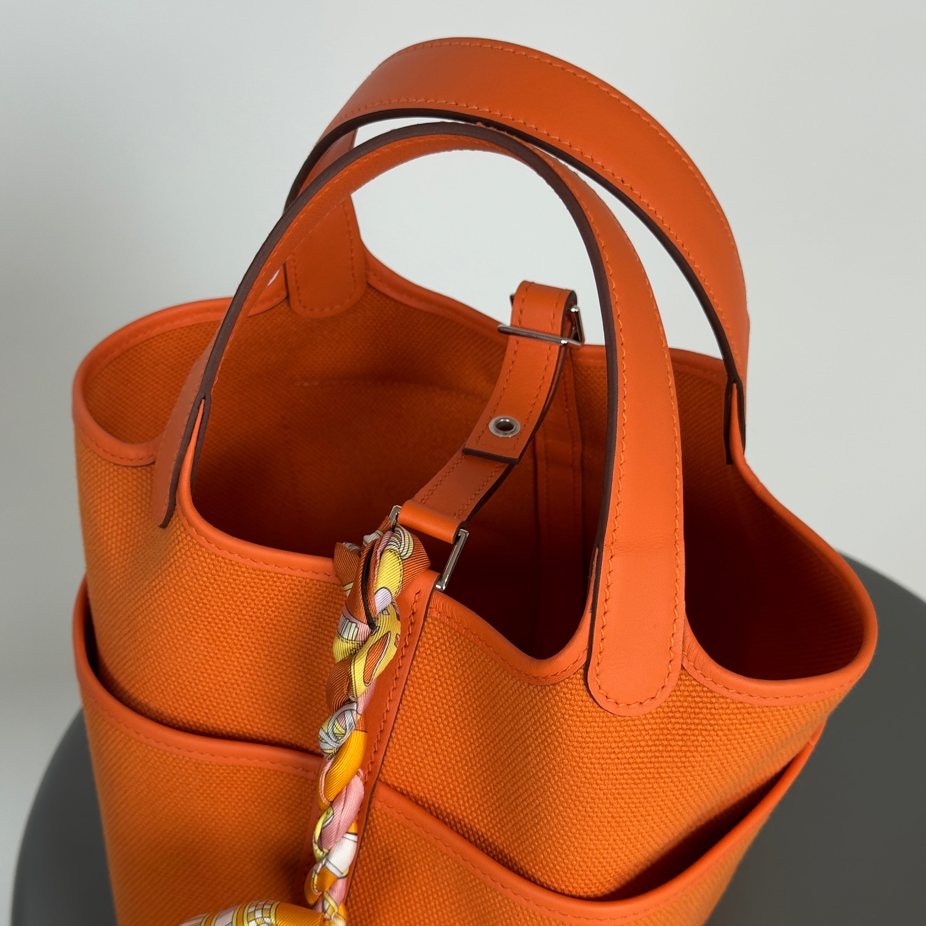 Hermes Orange Swift + Toile Goeland Cargo Picotin Lock 18 Palladium Hardware With Twilly - Queen May