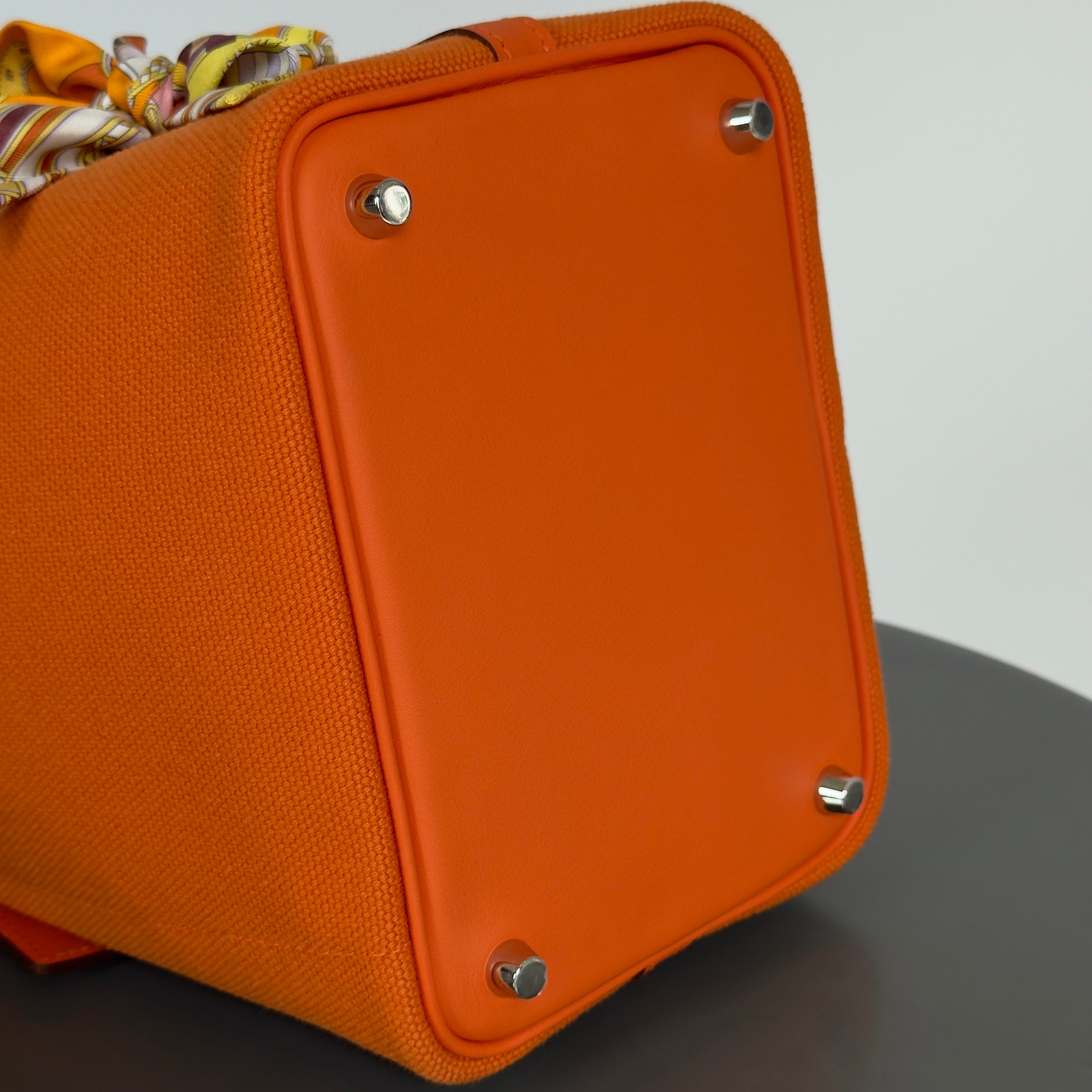 Hermes Orange Swift + Toile Goeland Cargo Picotin Lock 18 Palladium Hardware With Twilly - Queen May