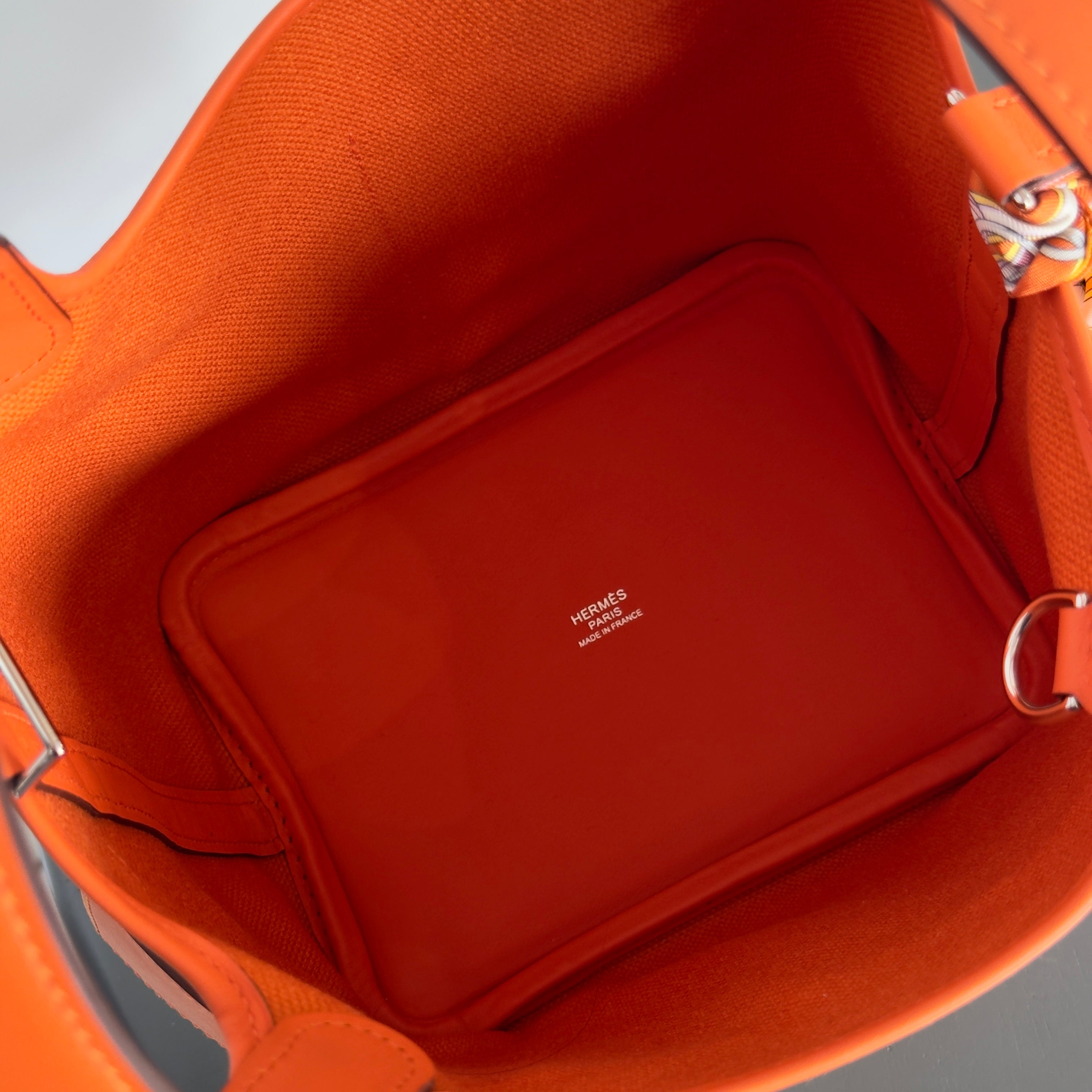 Hermes Orange Swift + Toile Goeland Cargo Picotin Lock 18 Palladium Hardware With Twilly - Queen May