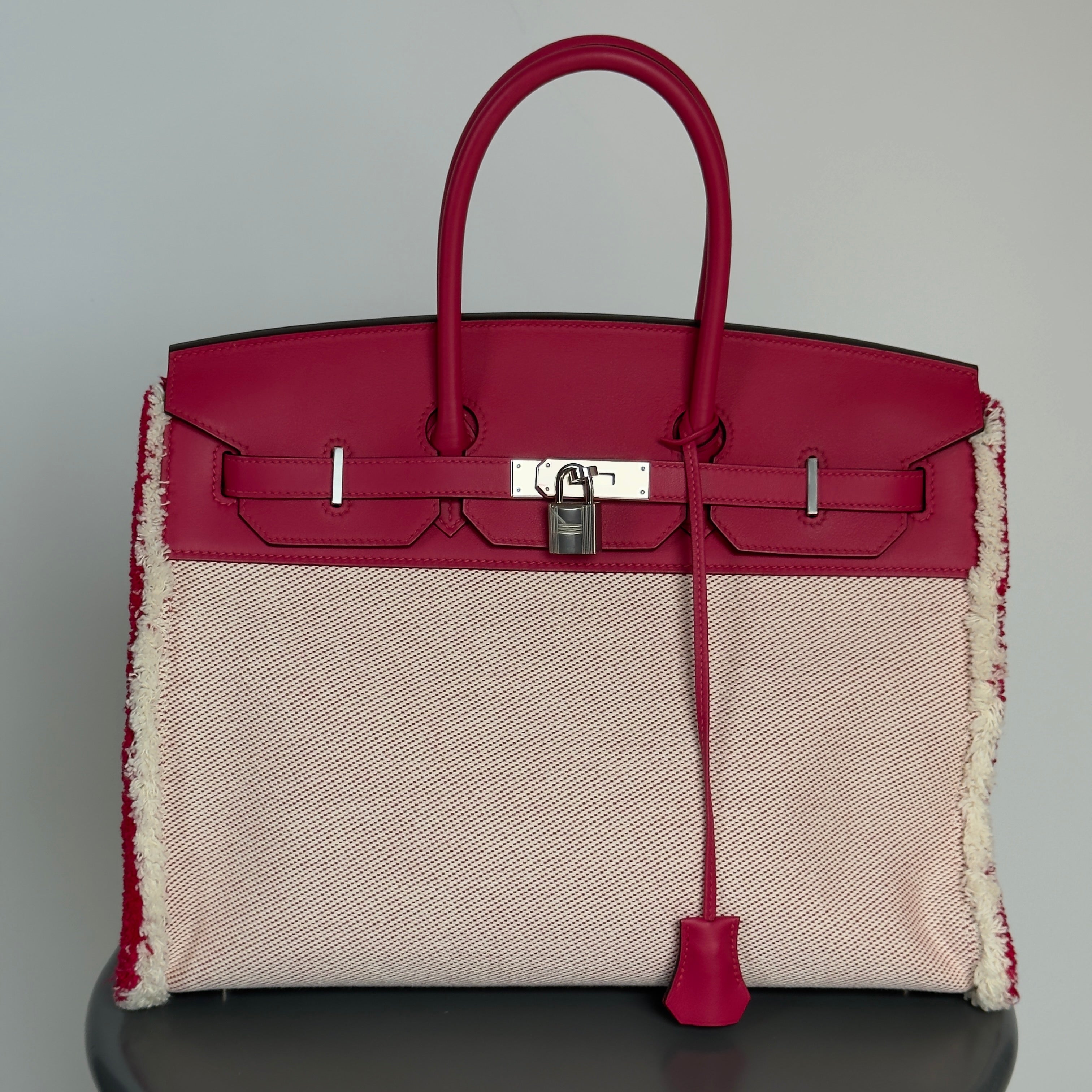 Limited Edition Hermes Framboise Swift and Ecru Toile Fray Fray Birkin 35 PHW Palladium Hardware - Queen May