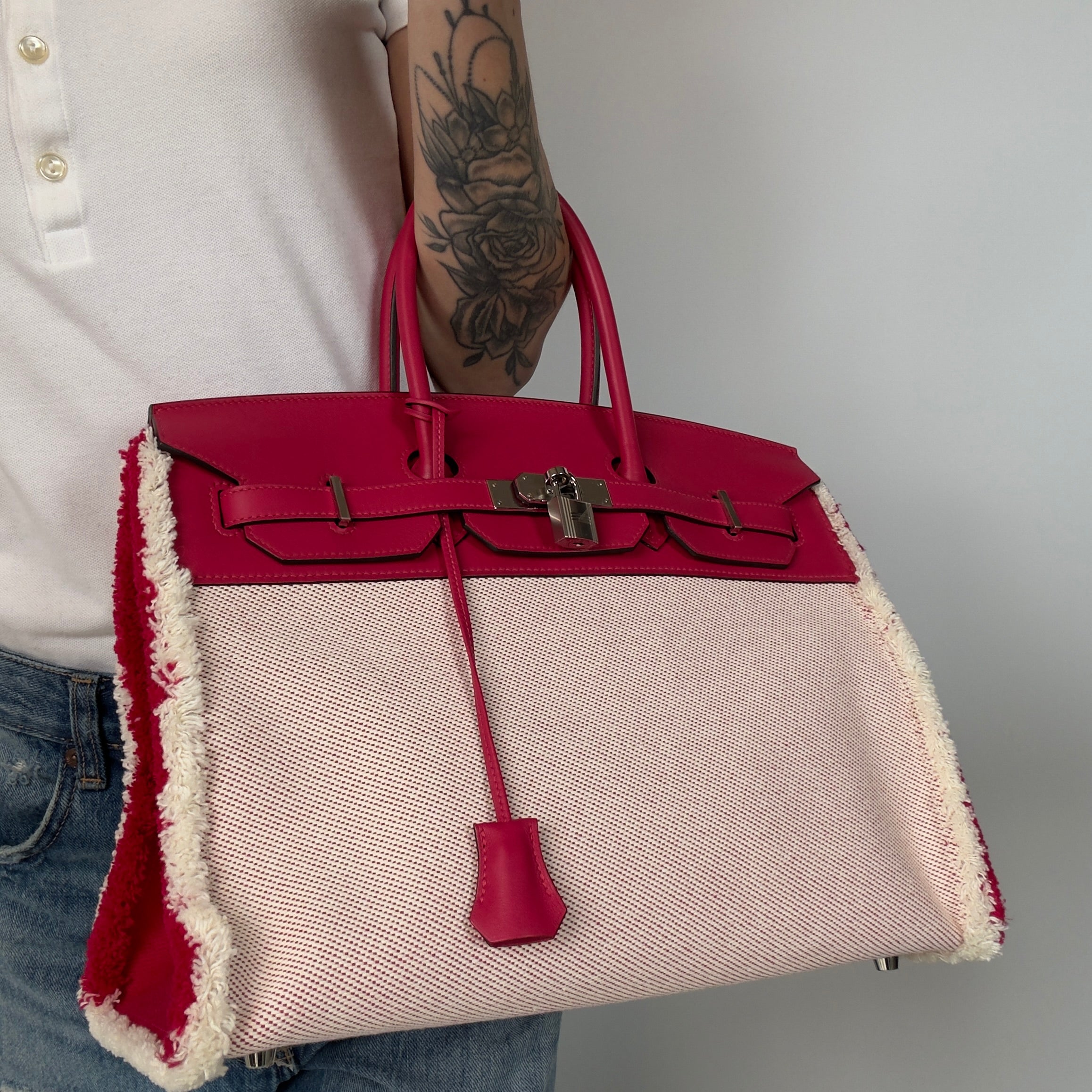 Limited Edition Hermes Framboise Swift and Ecru Toile Fray Fray Birkin 35 PHW Palladium Hardware - Queen May