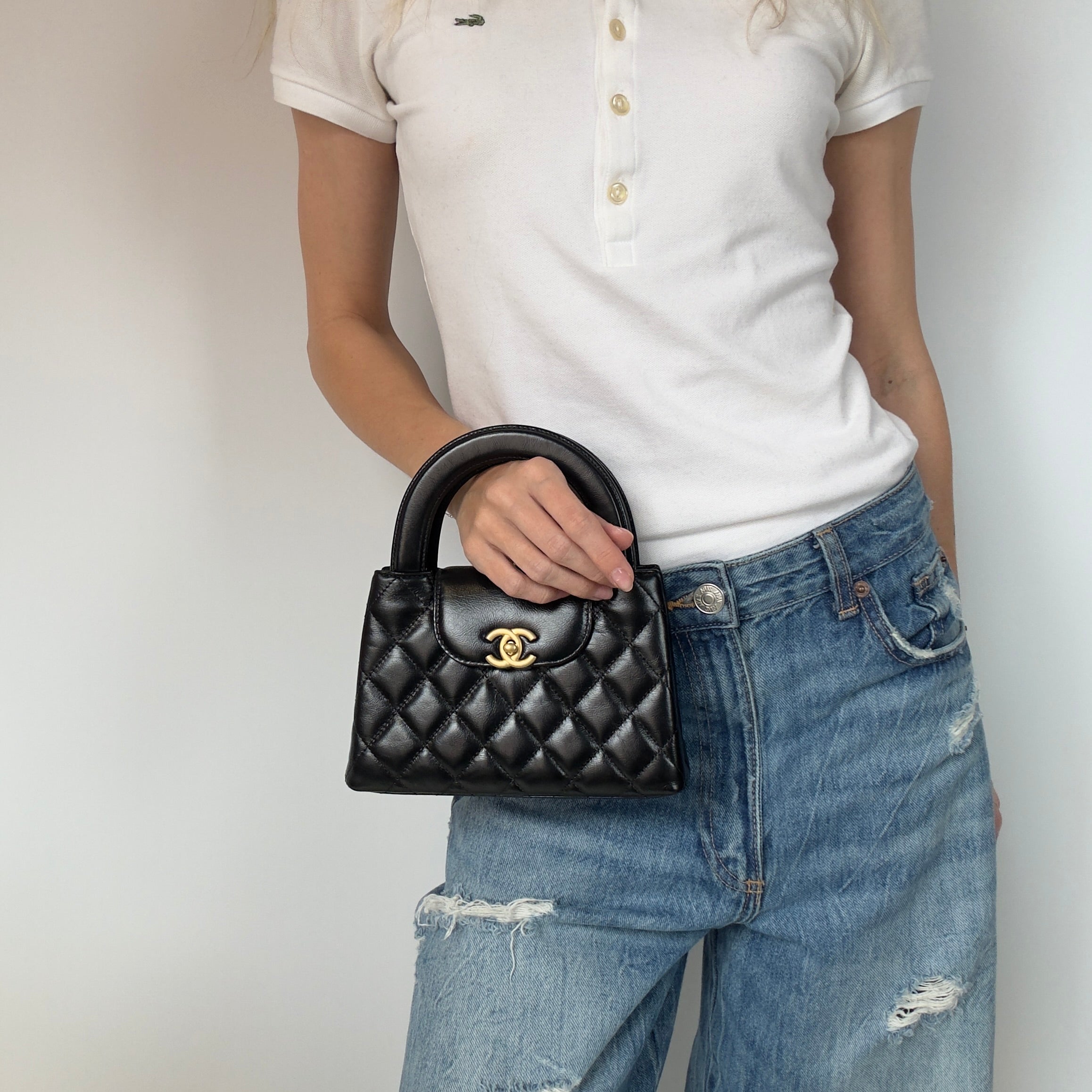 New Chanel Kelly Nano Black Calfskin Top Handle Shopping Bag - Queen May