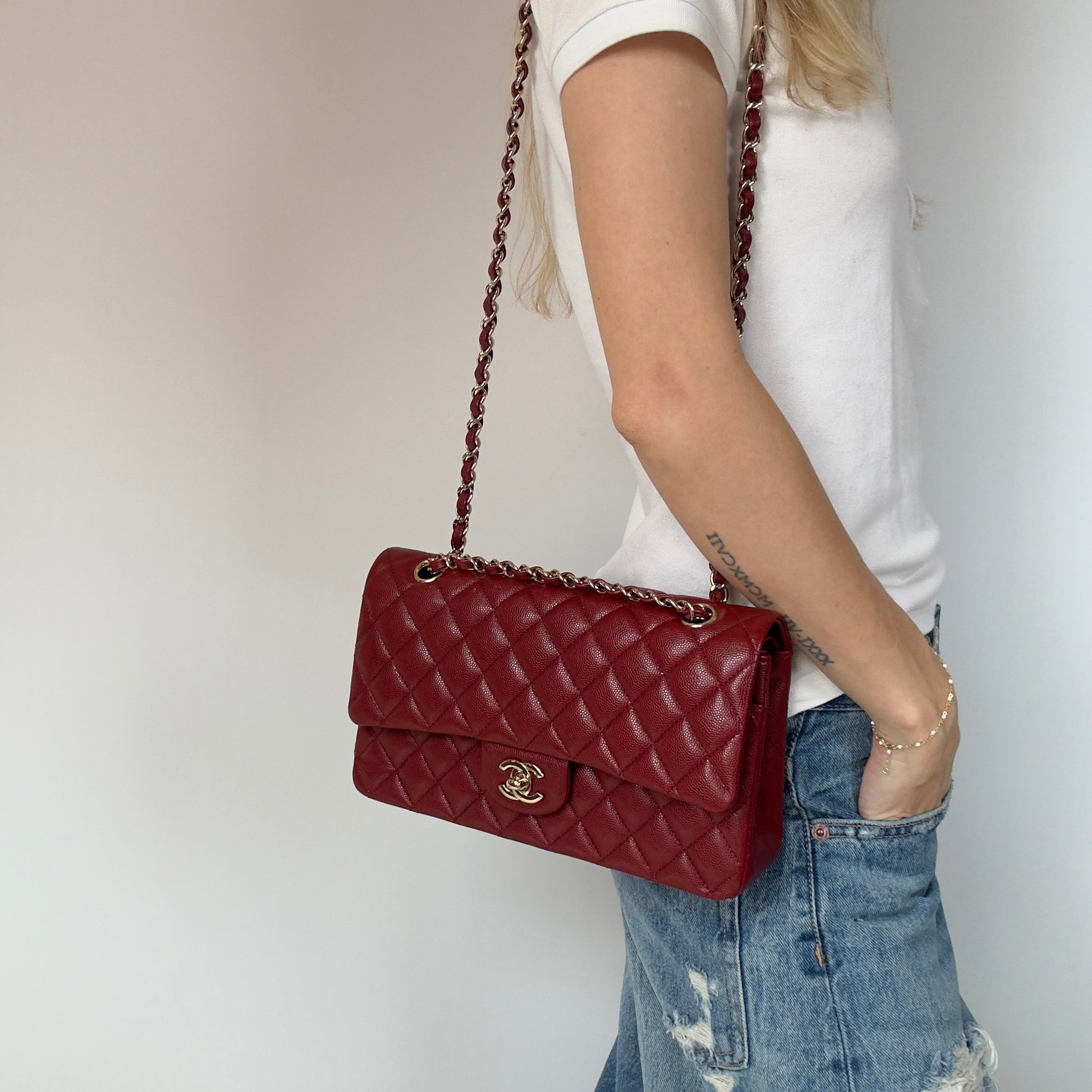Chanel Medium Classic Double Flap Bag Burgundy Caviar With Gold Hardware - Queen May