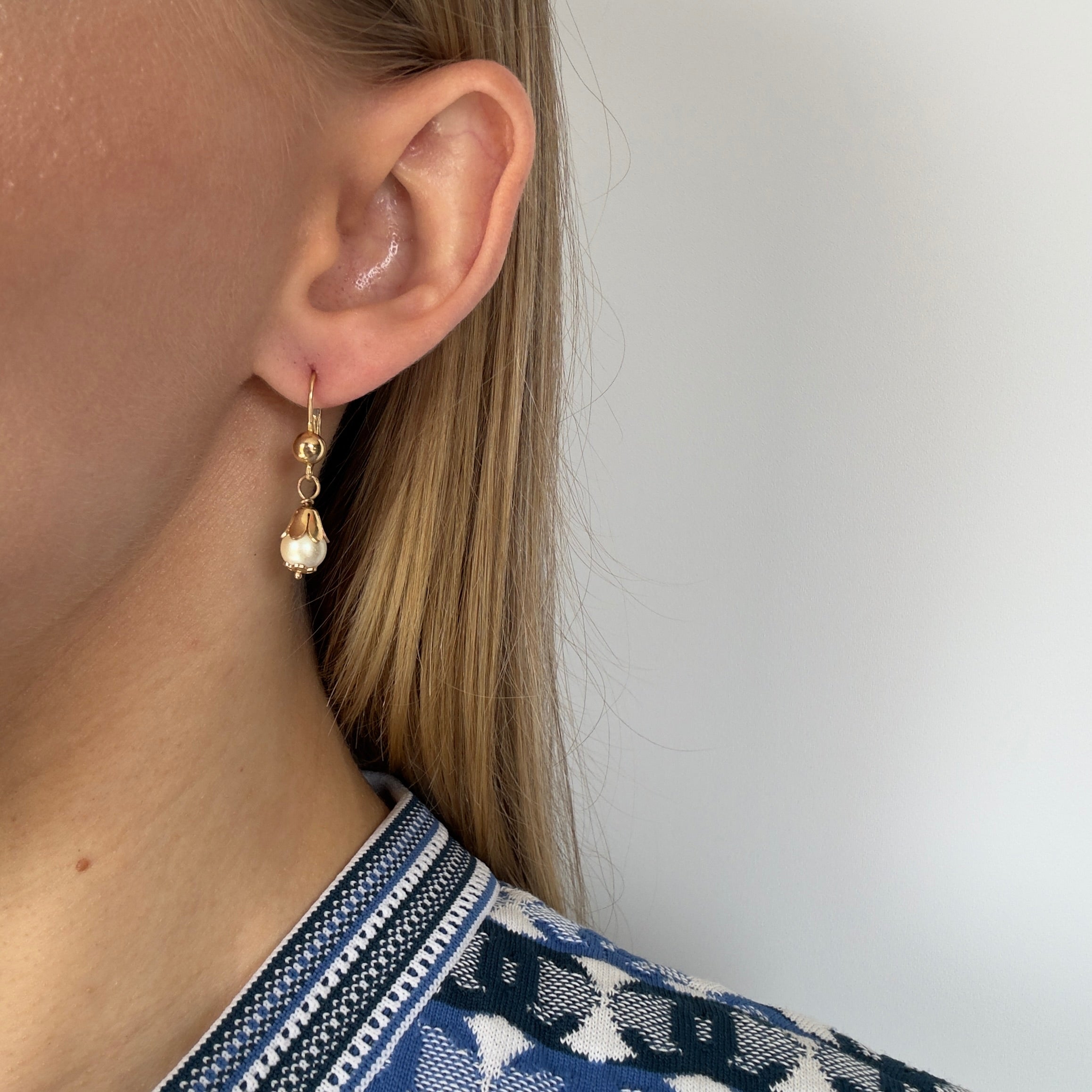 14K Yellow Gold 3.9mm Cultured Pearl Drop Earrings - Queen May