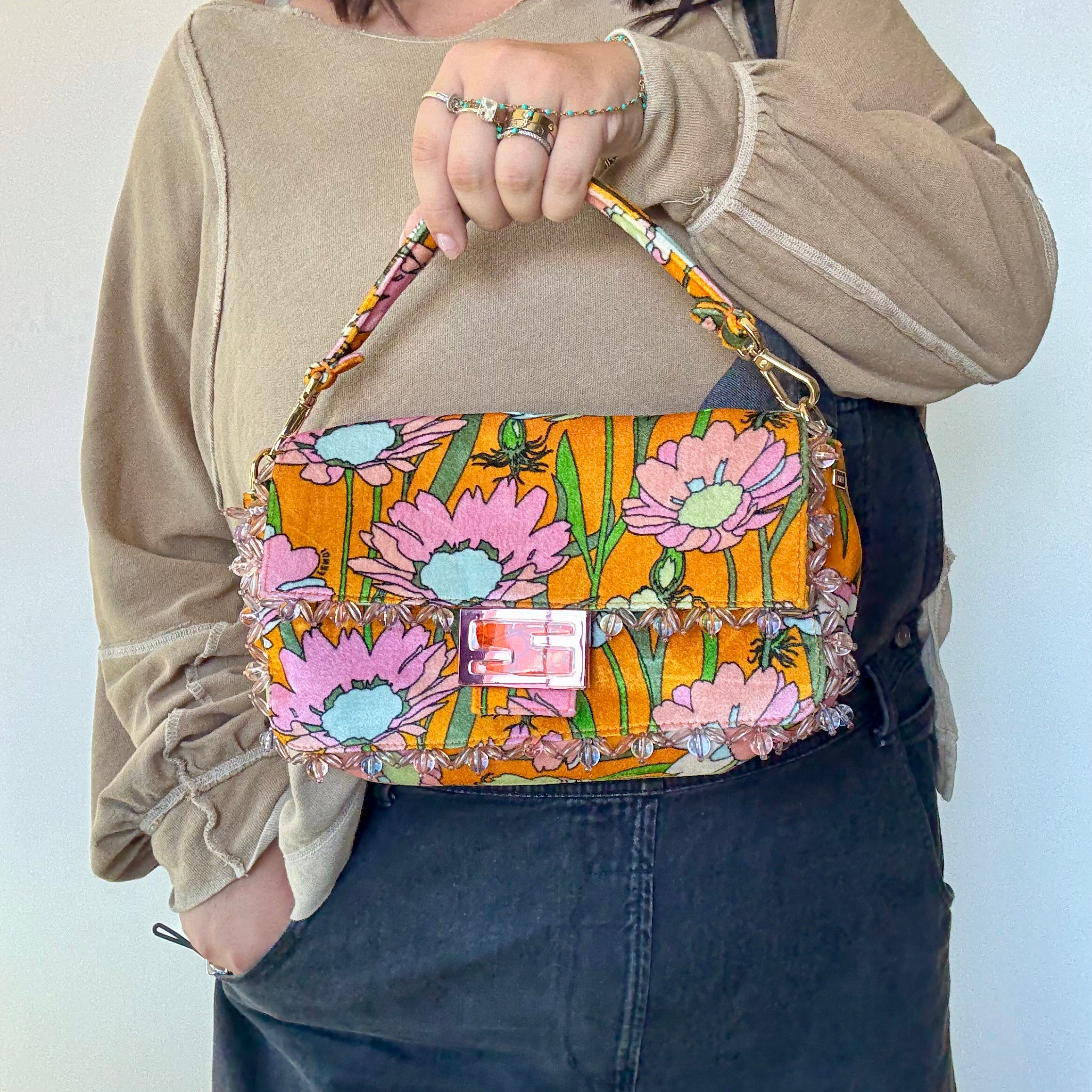Rare Limited Edition Fendi Floral Velvet Baguette - Queen May