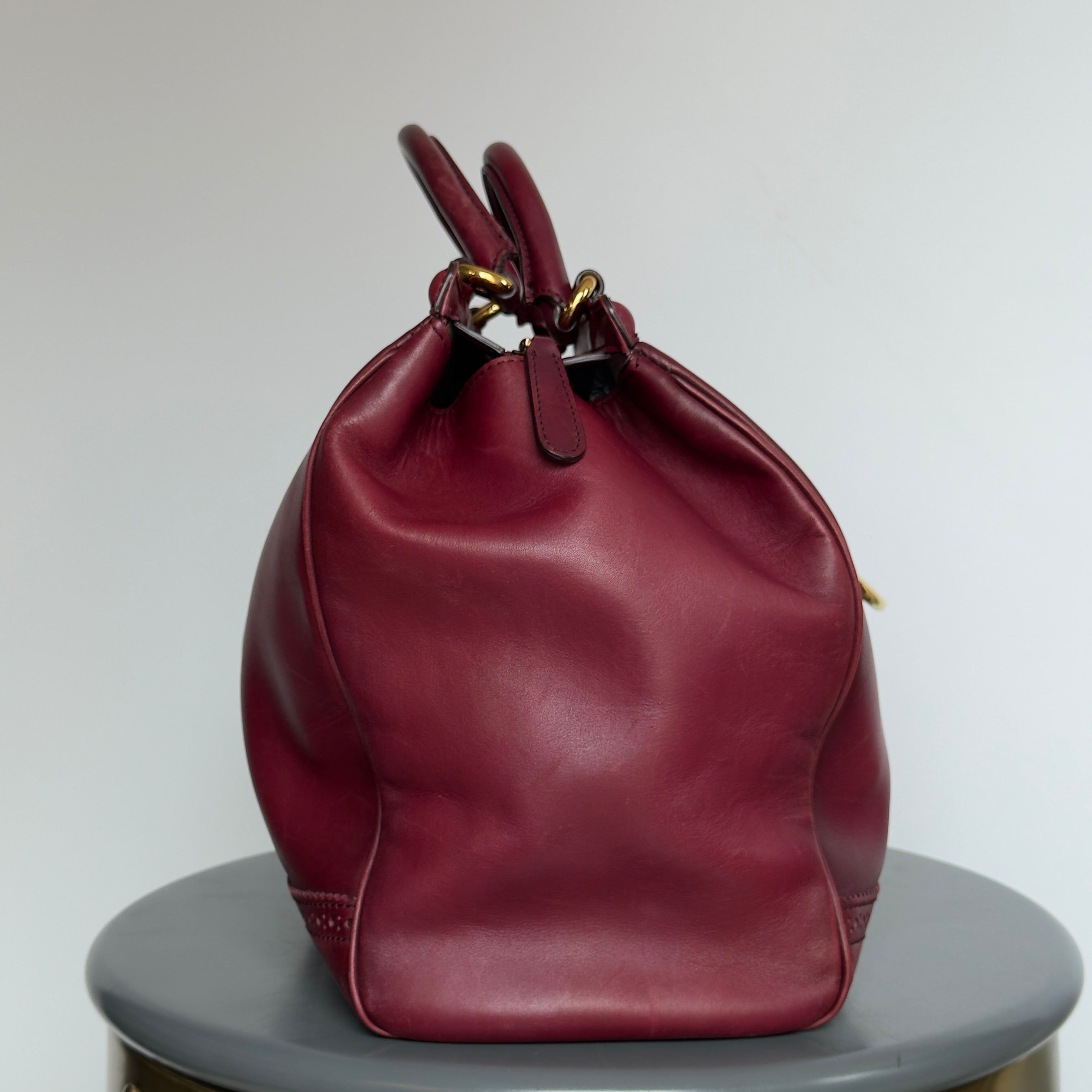Gucci Calfskin Duilio Brogue Top Handle Bag Bordeaux - Queen May