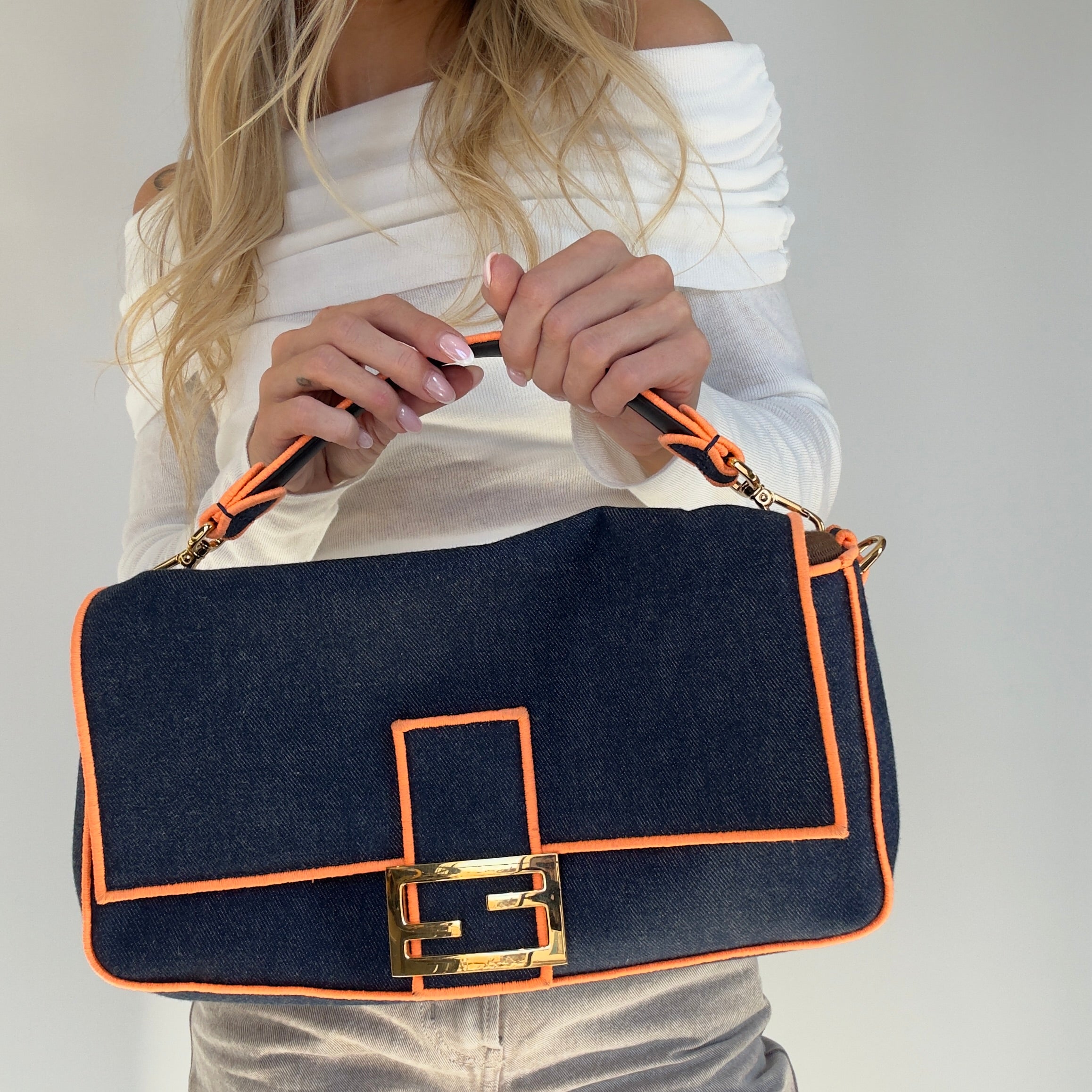 Fendi Denim Large Baguette Orange Trim - Queen May