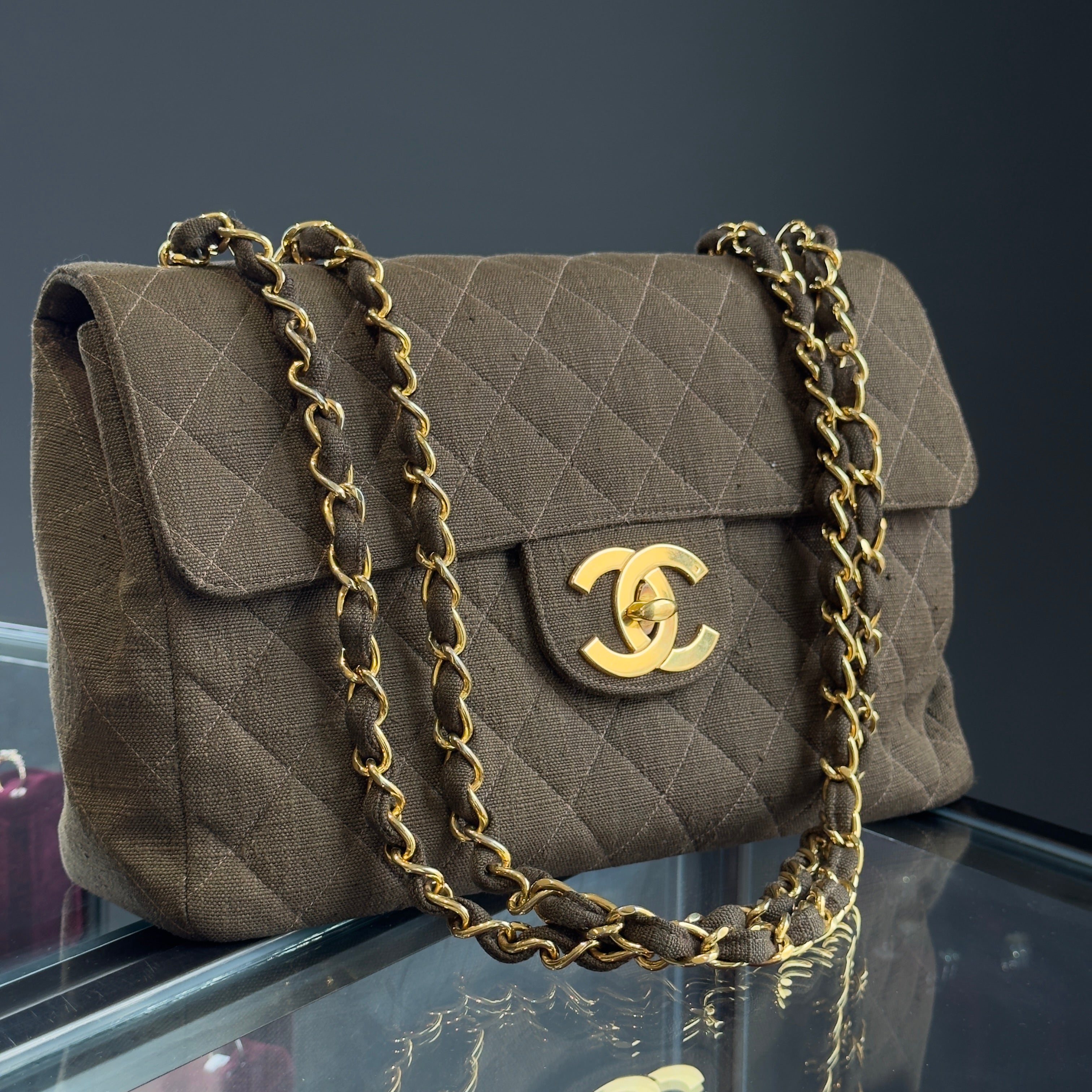 Vintage Chanel Linen Brown Maxi Singleflap - Queen May