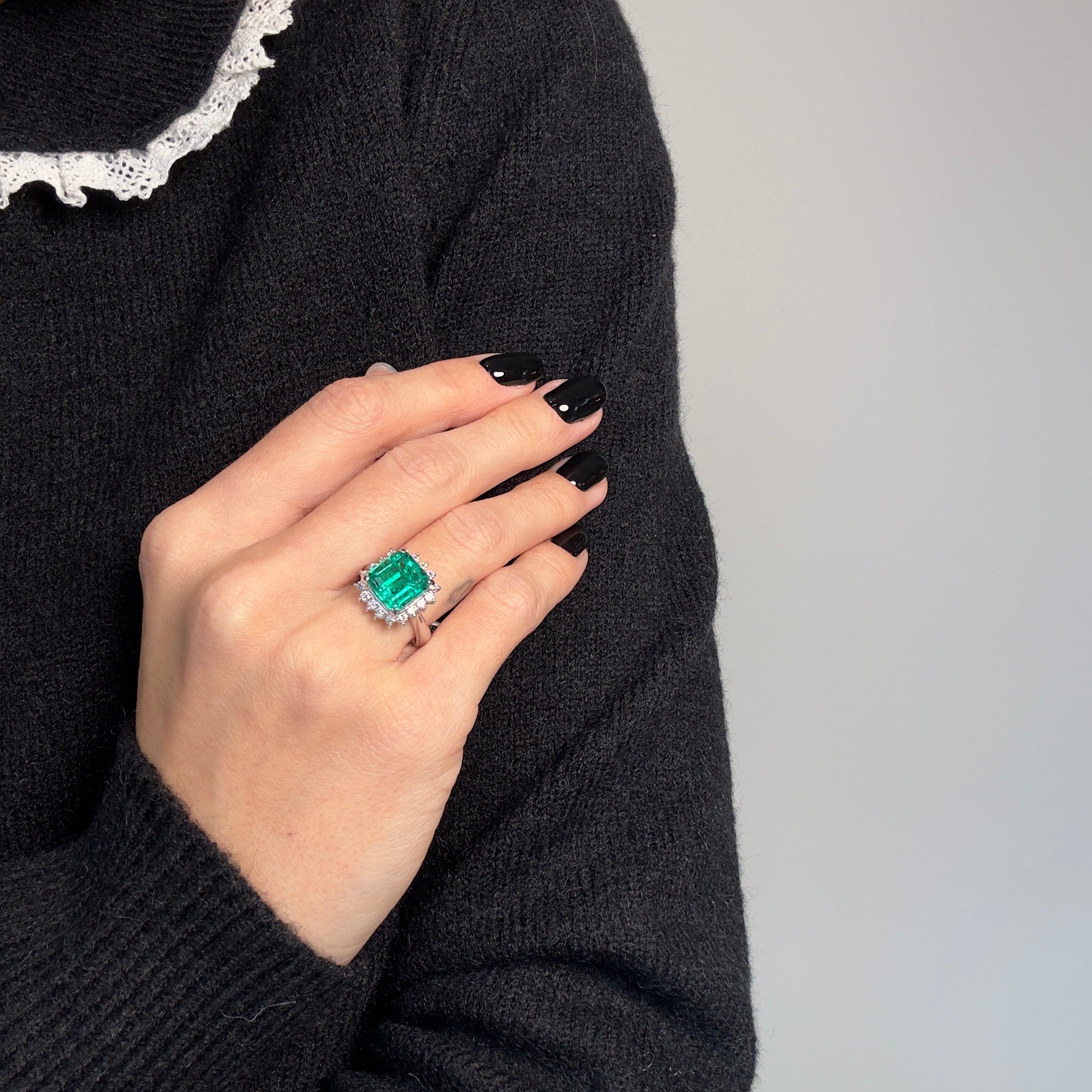 Platinum 3.74 Carat Columbian Emerald Diamond Halo Ring - Queen May