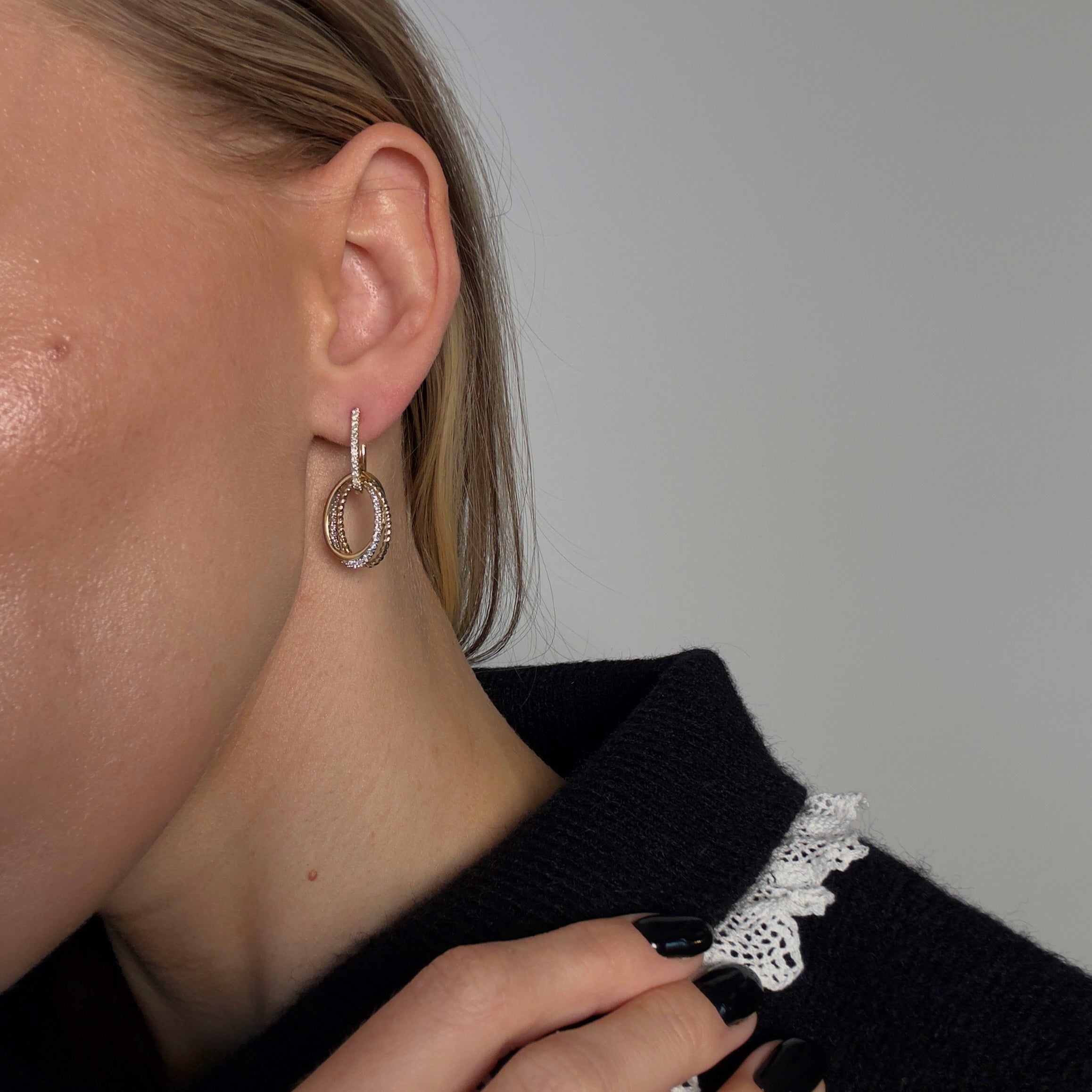 14K Gold Two Tone Diamond Oval Interlocking Drop Earrings - Queen May