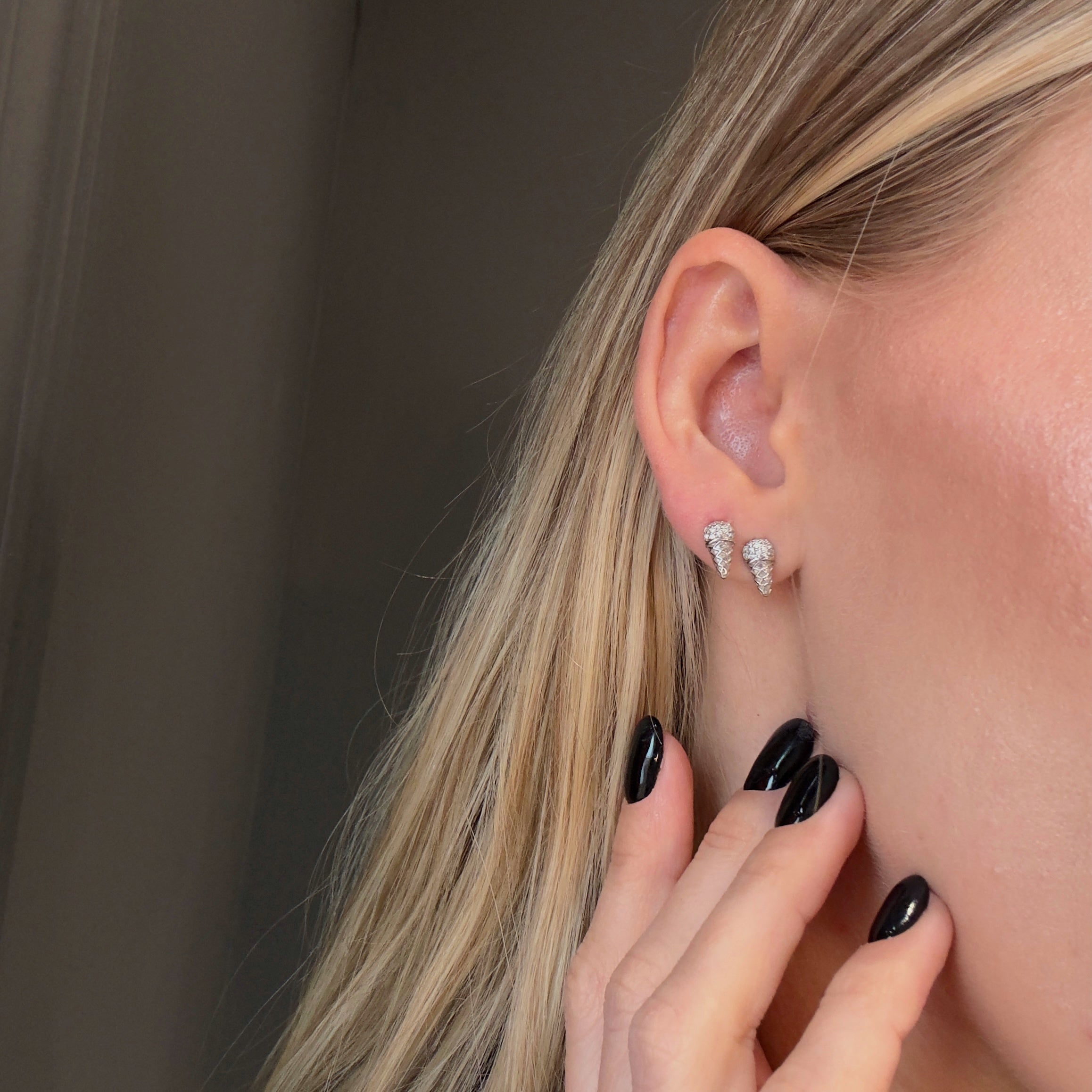 14K White Gold Diamond Ice Cream Cone Stud Earrings - Queen May