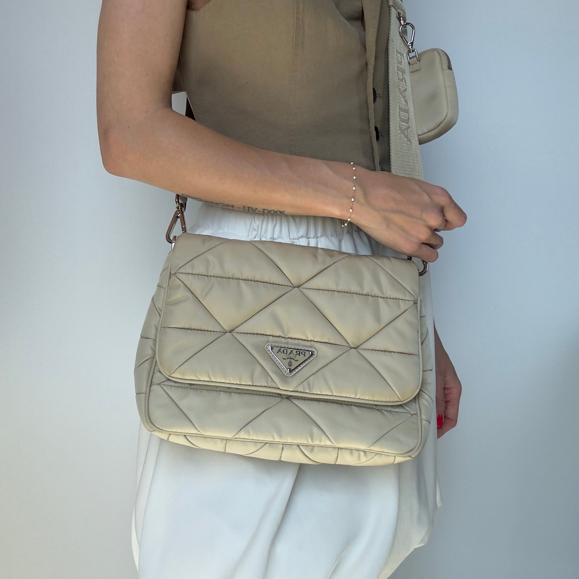 Prada Desert Beige Padded Re-Nylon Shoulder Bag - Queen May