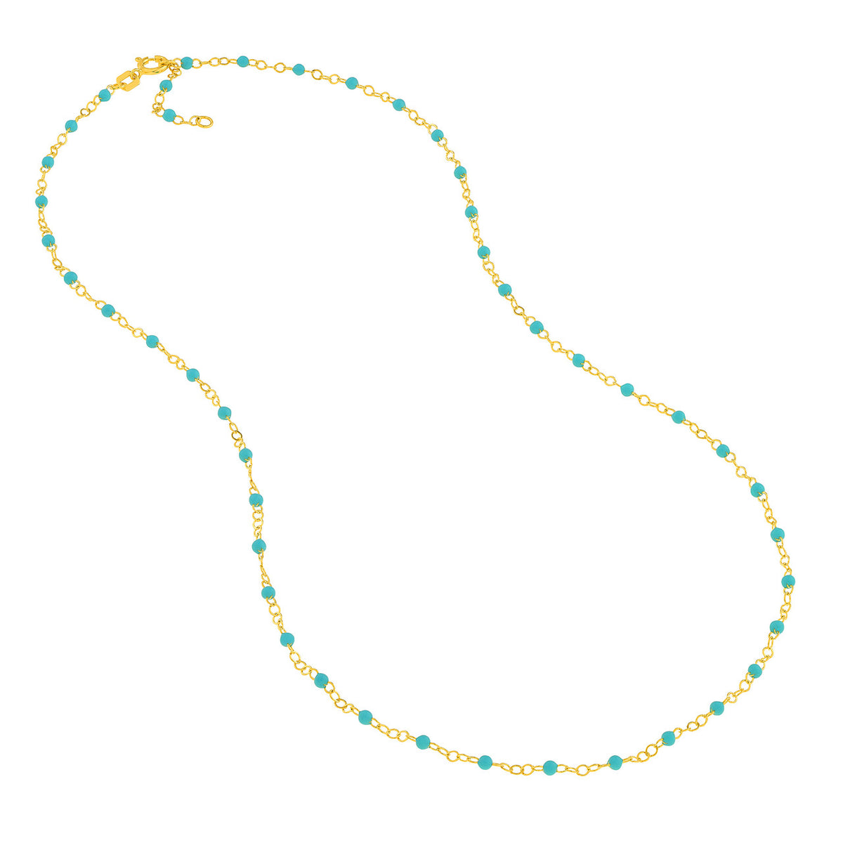 14K Yellow Gold & Turquoise Blue Enamel Bead Station Chain Necklace - Queen May