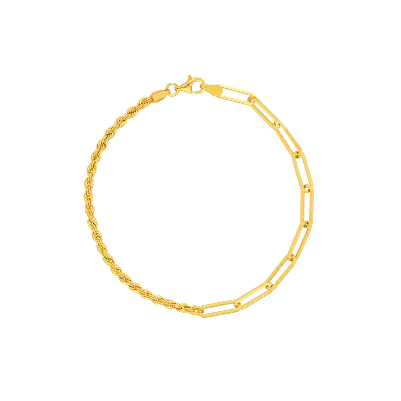 14K Yellow Gold 50/50 Hollow Paperclip and Rope Bracelet - Queen May