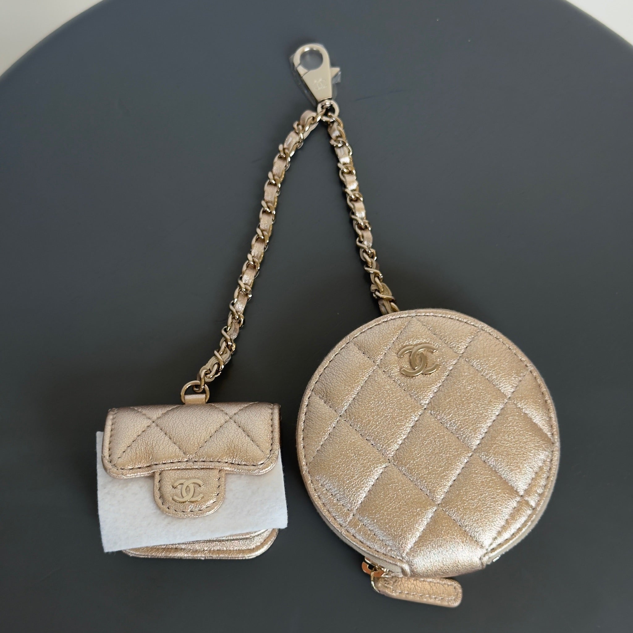 Chanel Metallic Lambskin Quilted Round Clip On Coin Purse Airpods Case - Queen May