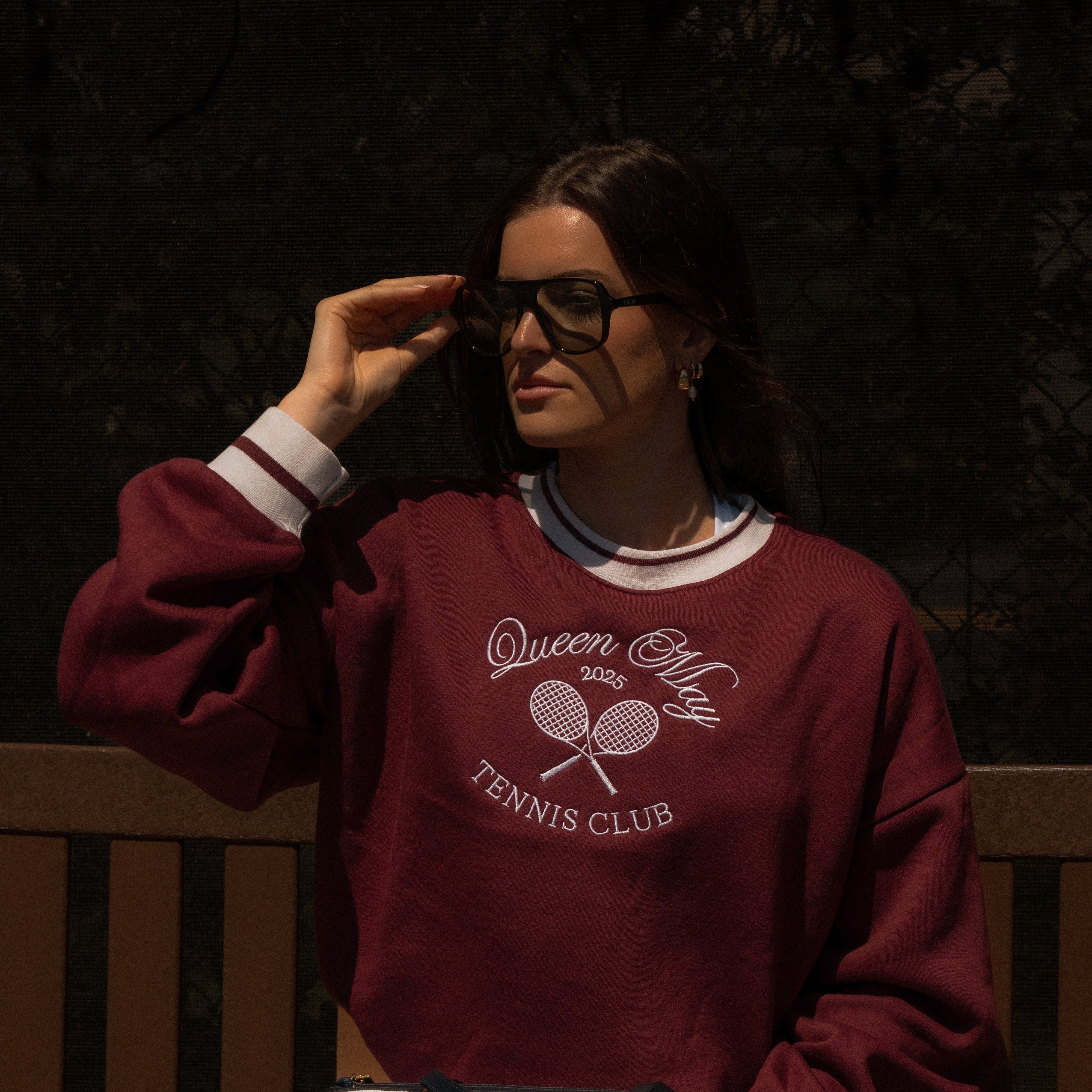 Queen May Tennis Club Embroidered Ribbed Hem Burgundy Sweatshirt - Queen May