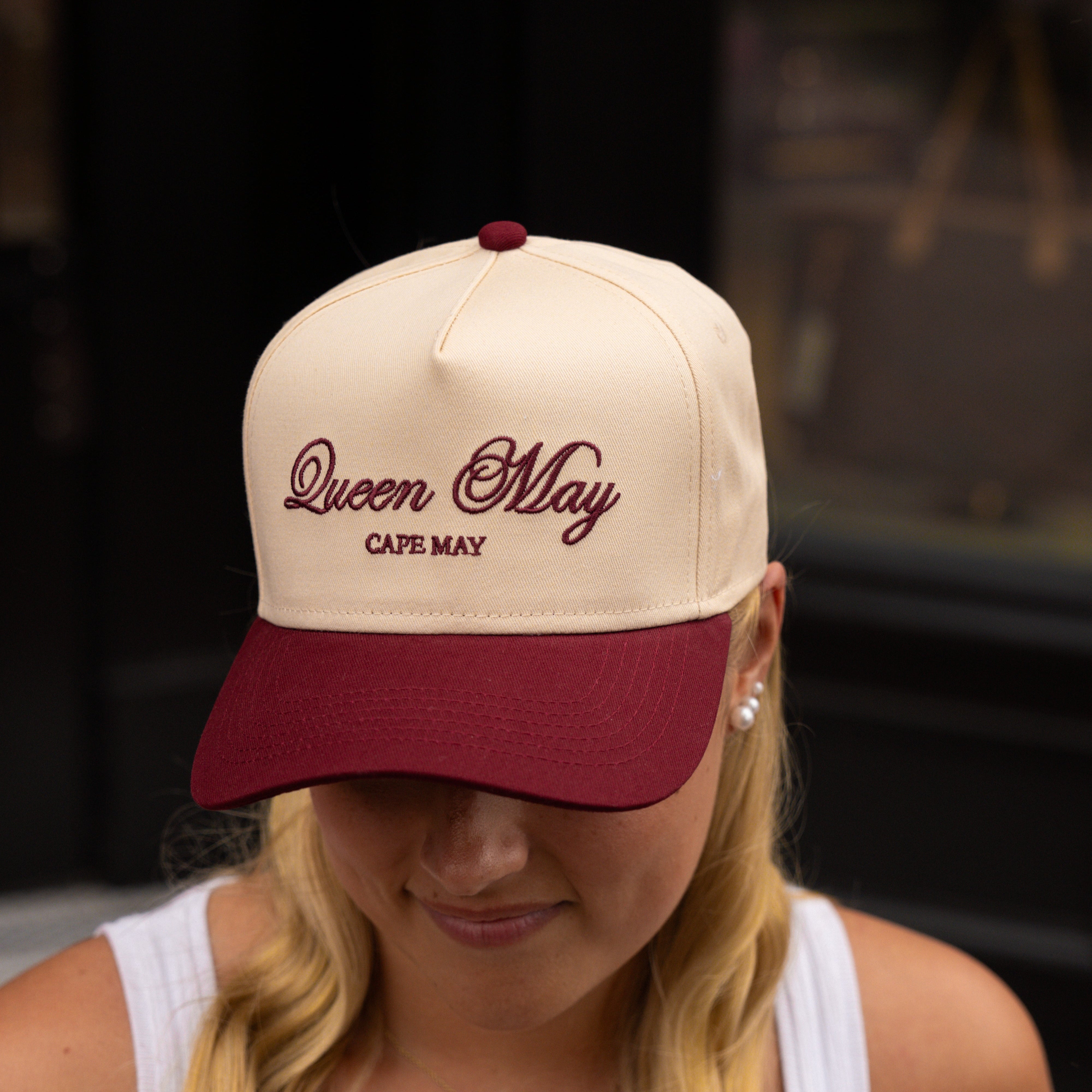 Queen May Embroidered Hat Burgundy and Cream - Queen May