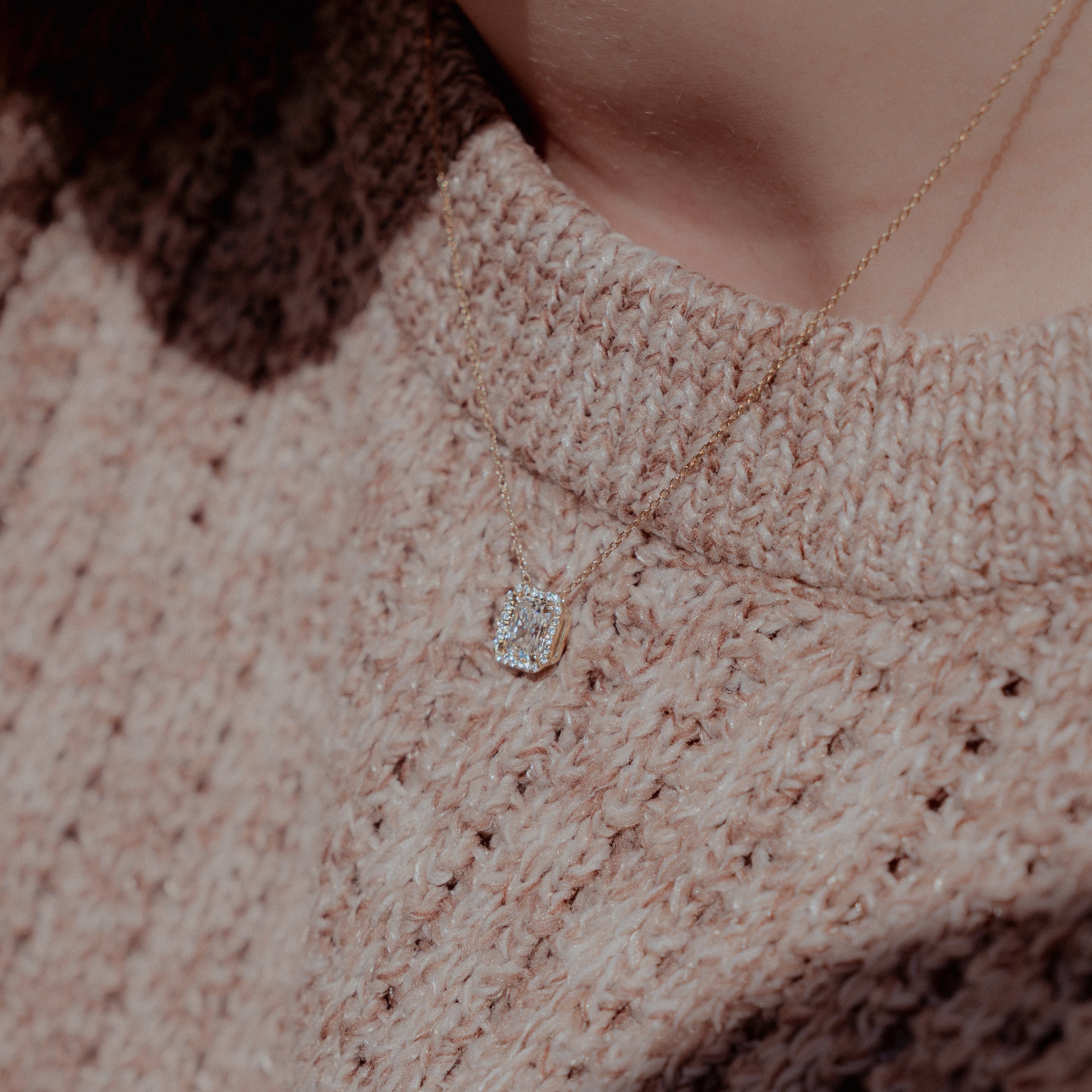 18K Yellow Gold 1.31 Carat Radiant Diamond Halo Pendant Necklace - Queen May